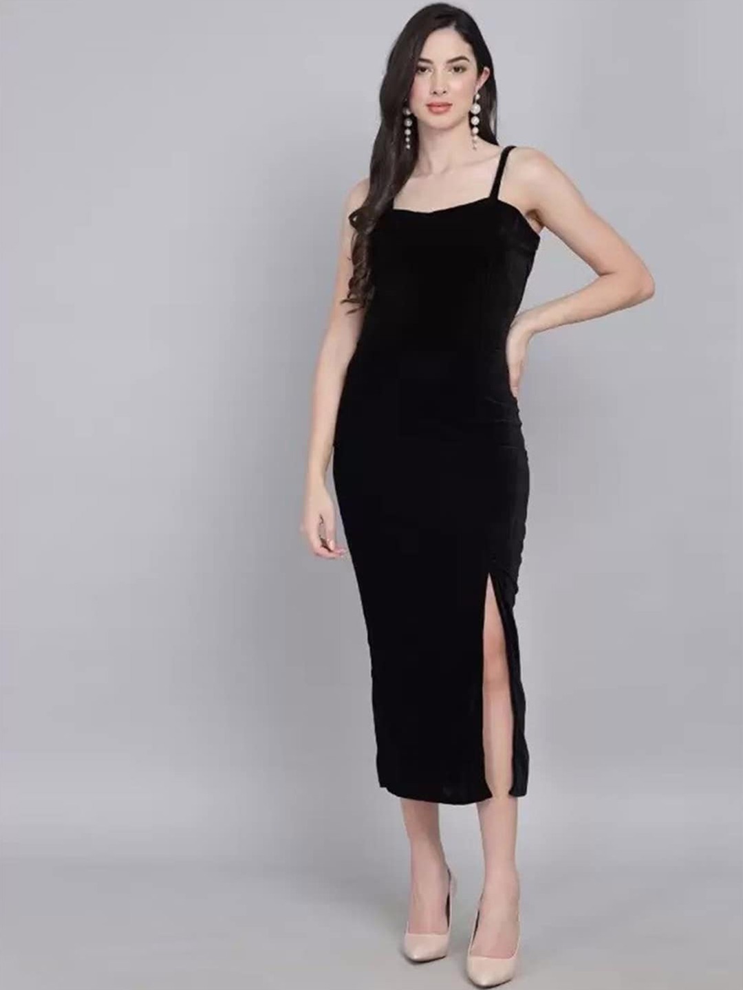 

COLOR CAPITAL Shoulder Strap Sheath Midi Dress, Black