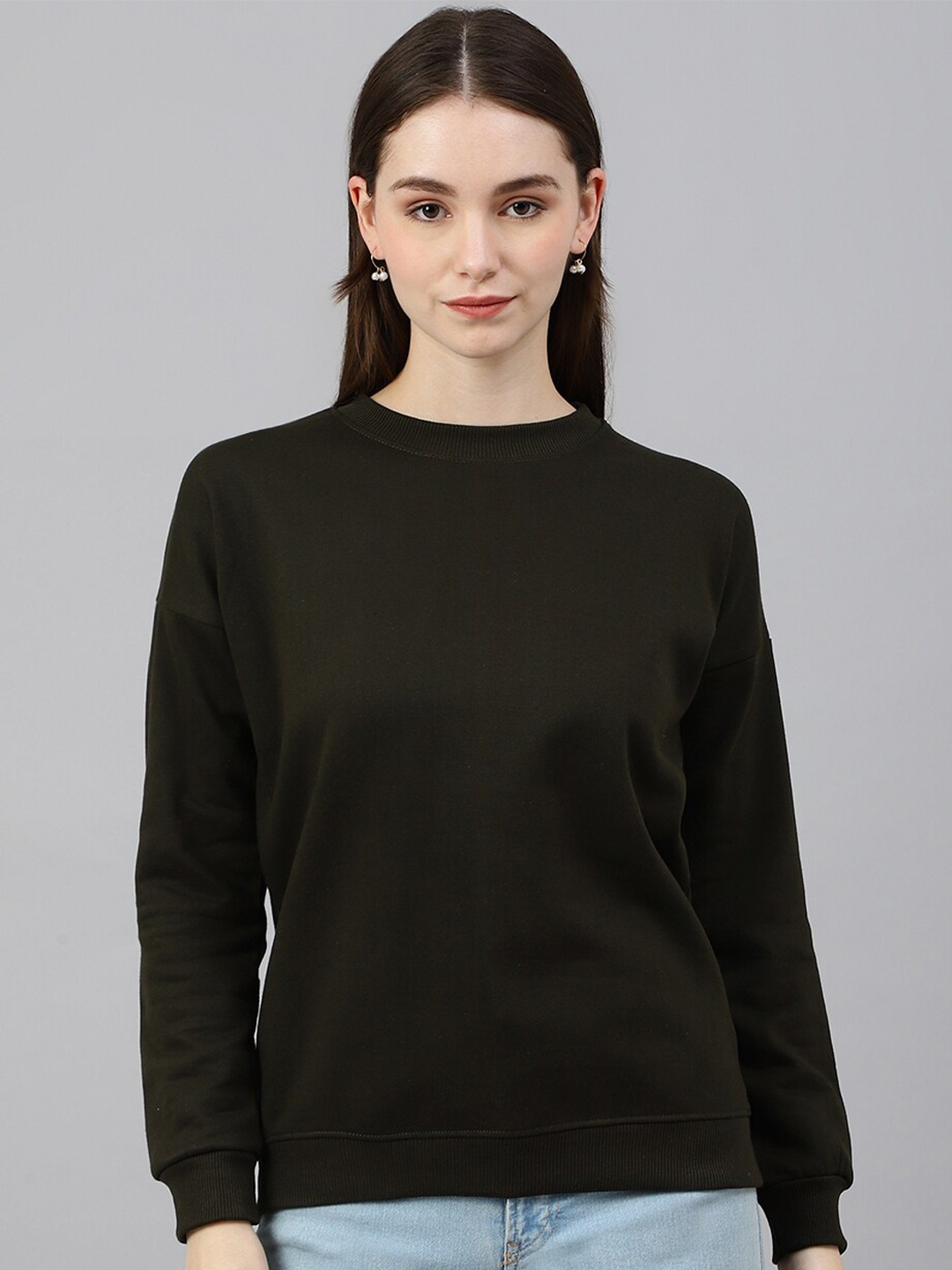 

COLOR CAPITAL Round Neck Drop Shoulder Sleeves Sweatshirt, Olive