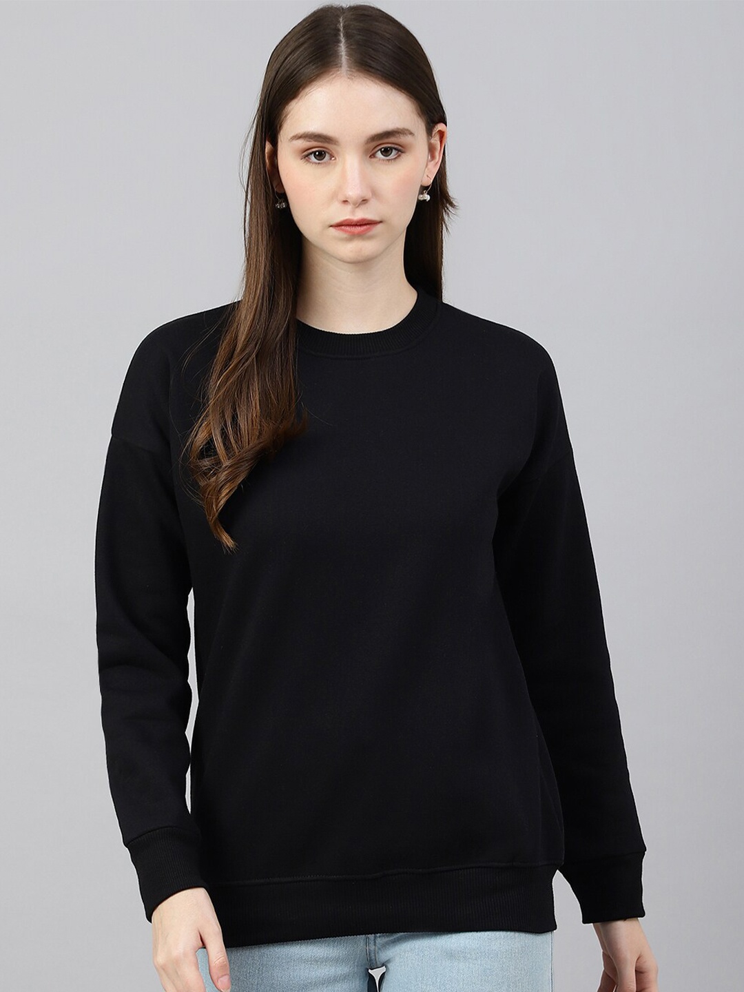 

COLOR CAPITAL Round Neck Drop Shoulder Sleeves Sweatshirt, Black