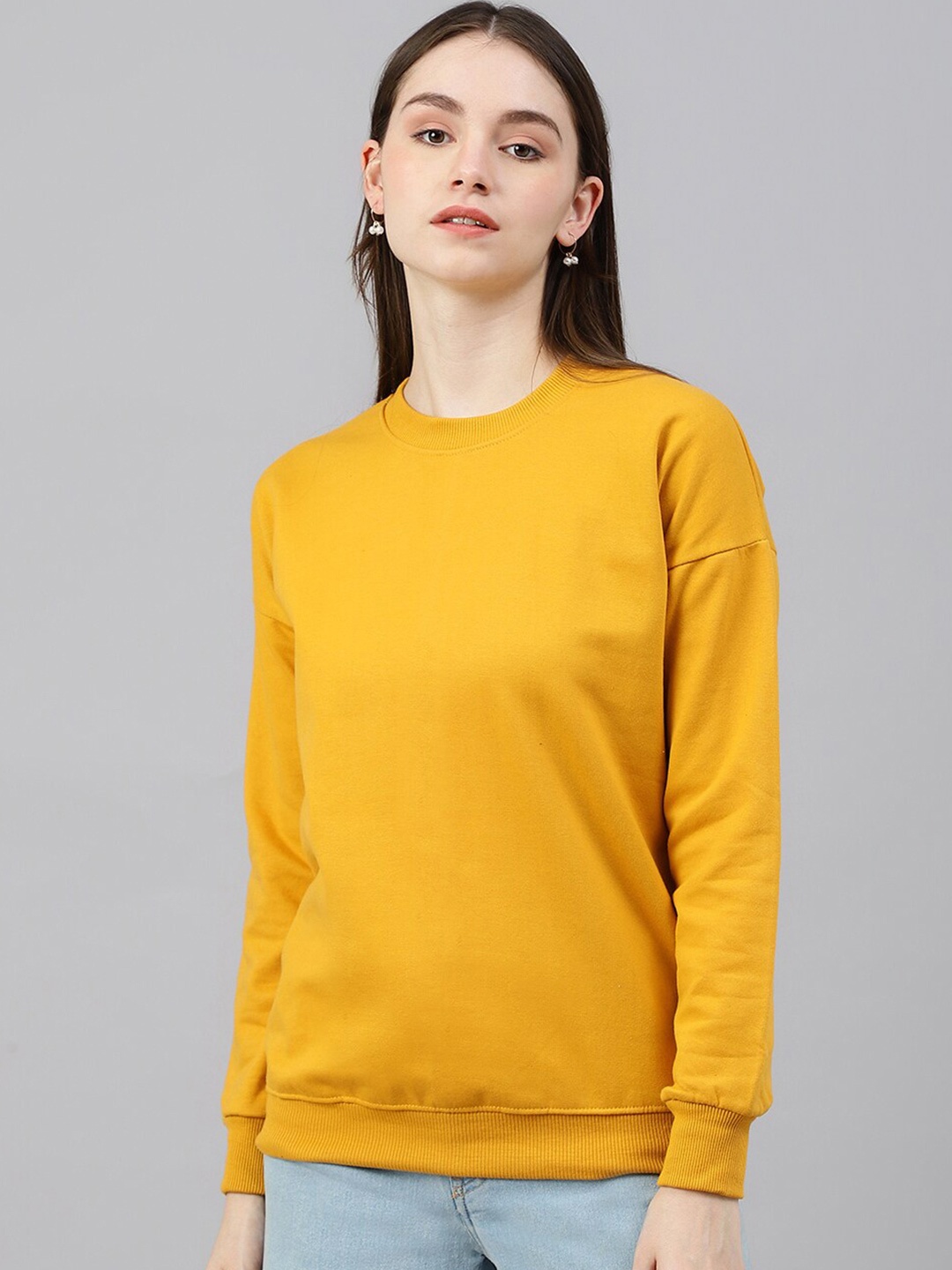 

COLOR CAPITAL Round Neck Drop Shoulder Sleeves Sweatshirt, Mustard
