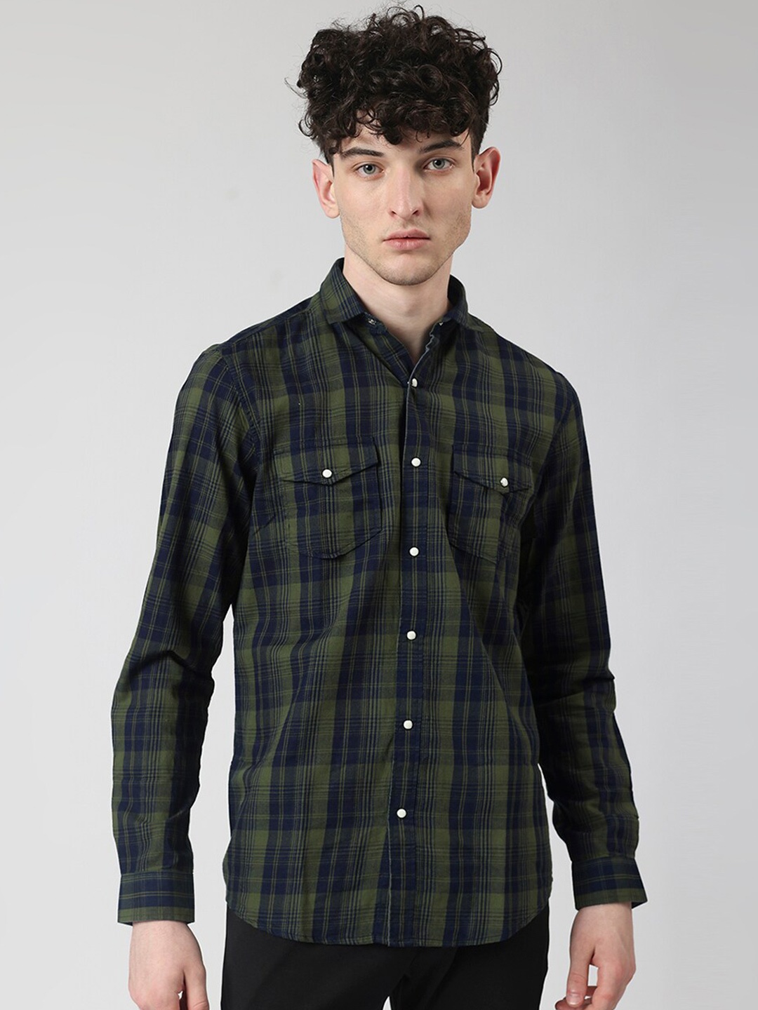 

Manaca Comfort Tartan Checked Cotton Casual Shirt, Green