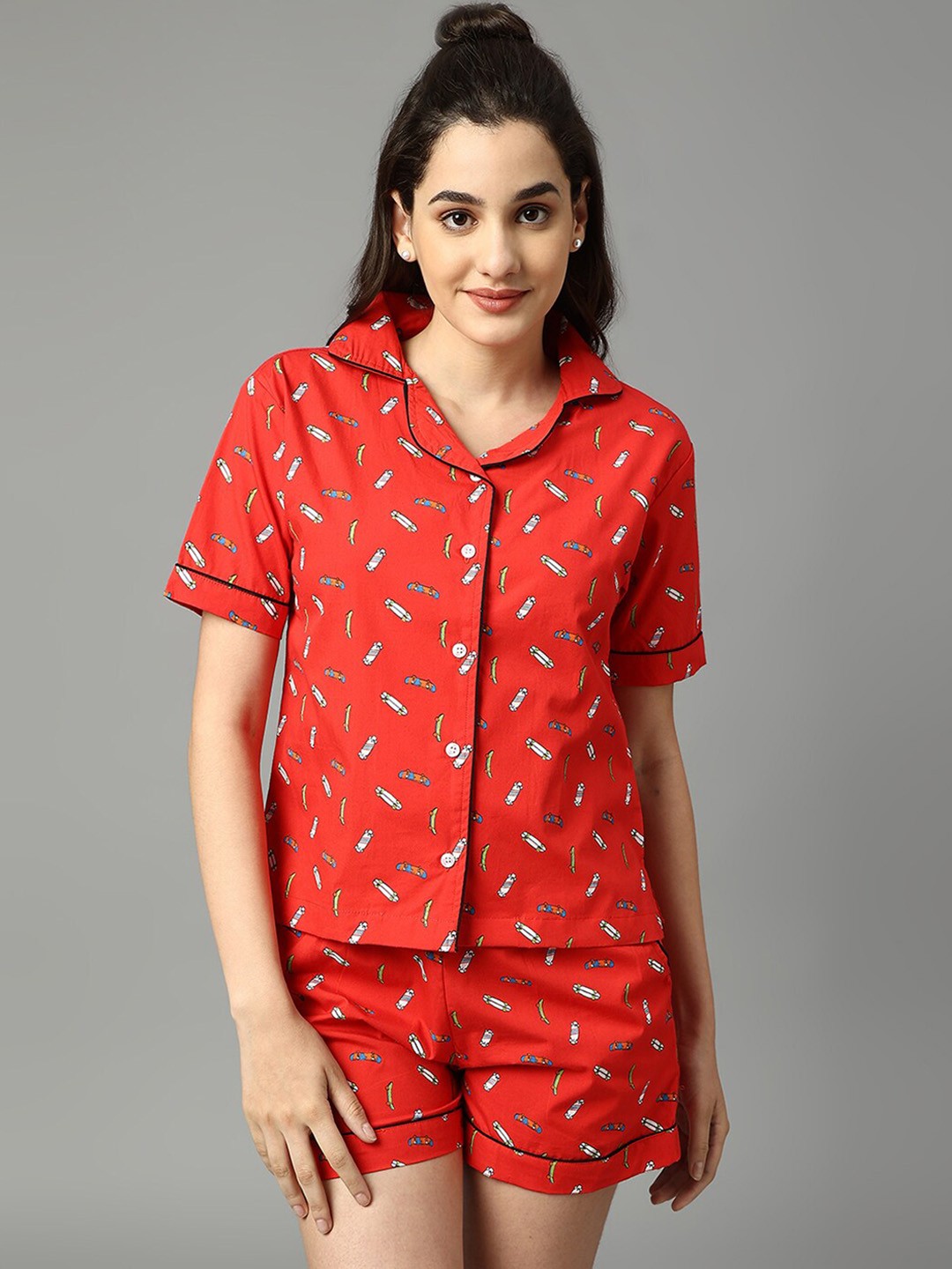 

Manaca Conversational Printed Lapel Collar Pure Cotton Shirt With Short, Red