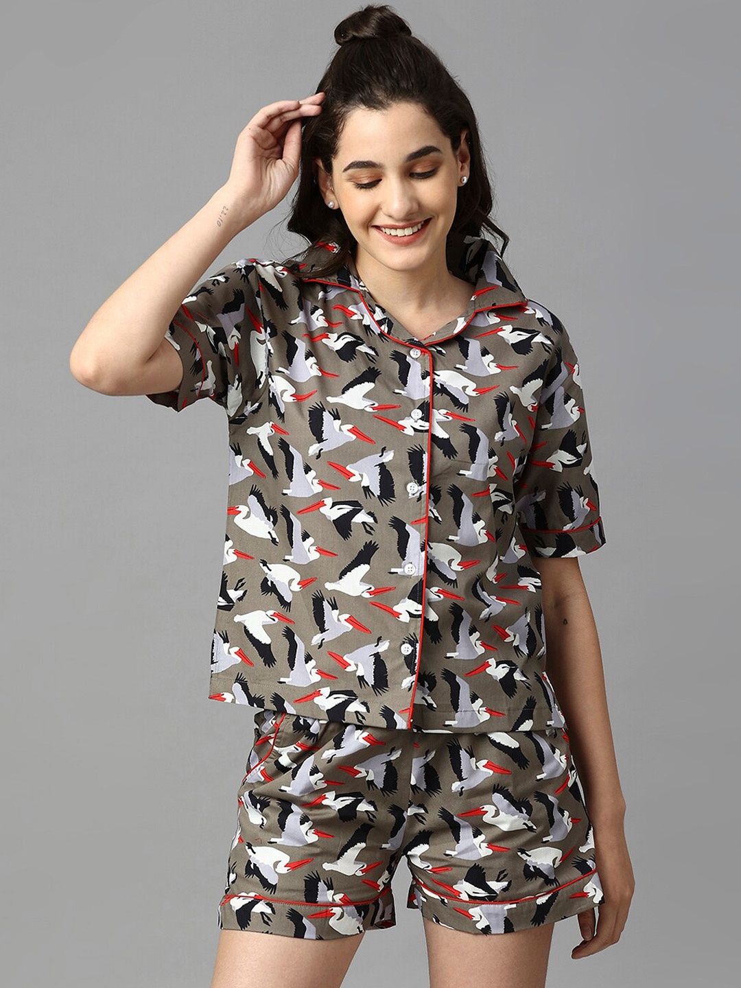 

Manaca Conversational Printed Lapel Collar Pure Cotton Shirt With Short, Brown