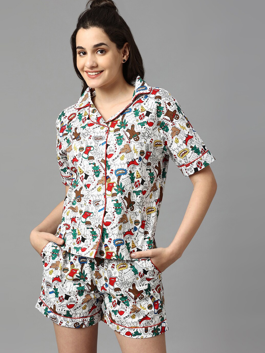 

Manaca Conversational Printed Pure Cotton Shirt With Short Night Suit, White