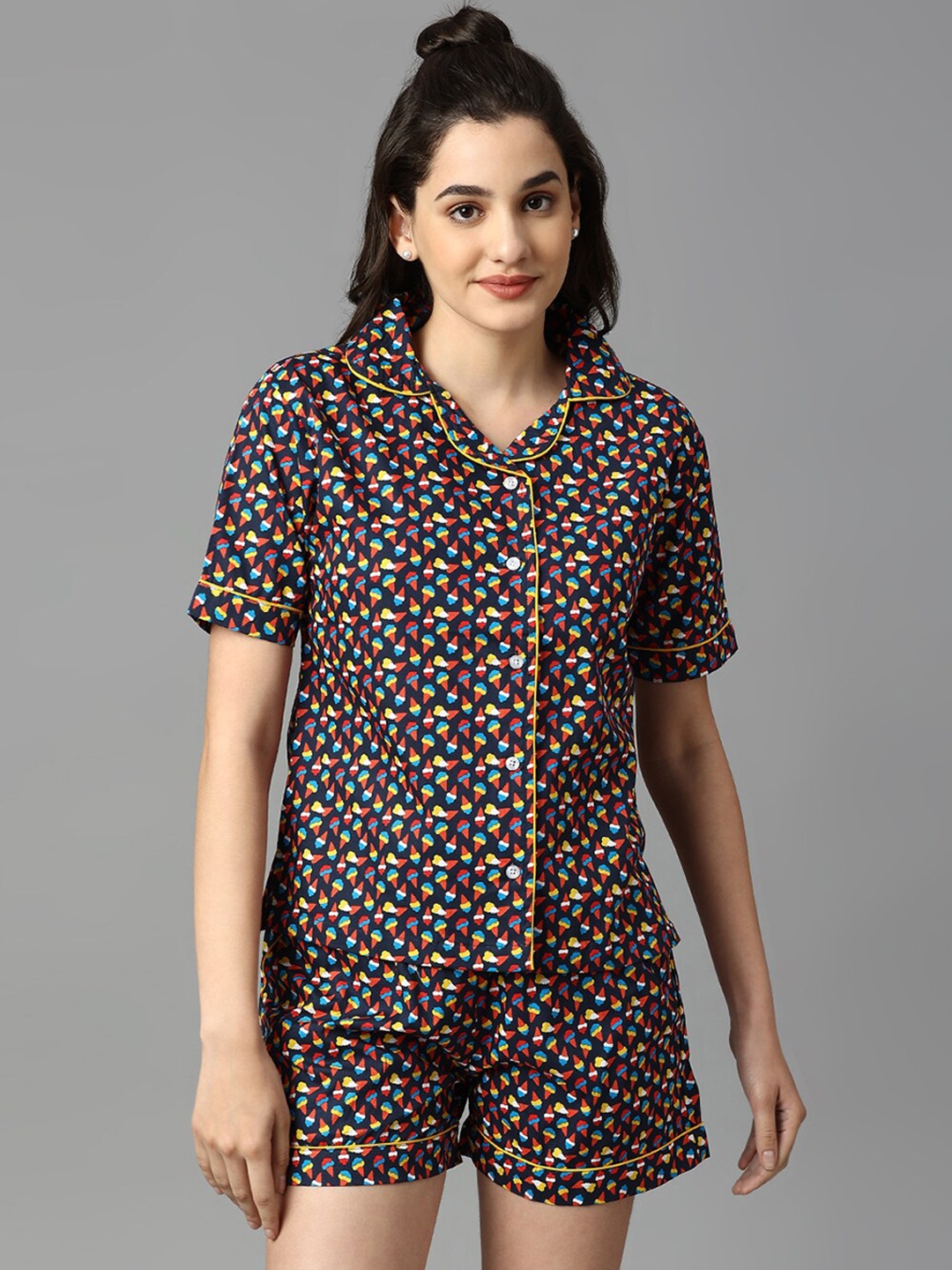 

Manaca Conversational Printed Lapel Collar Pure Cotton Shirt With Short, Black