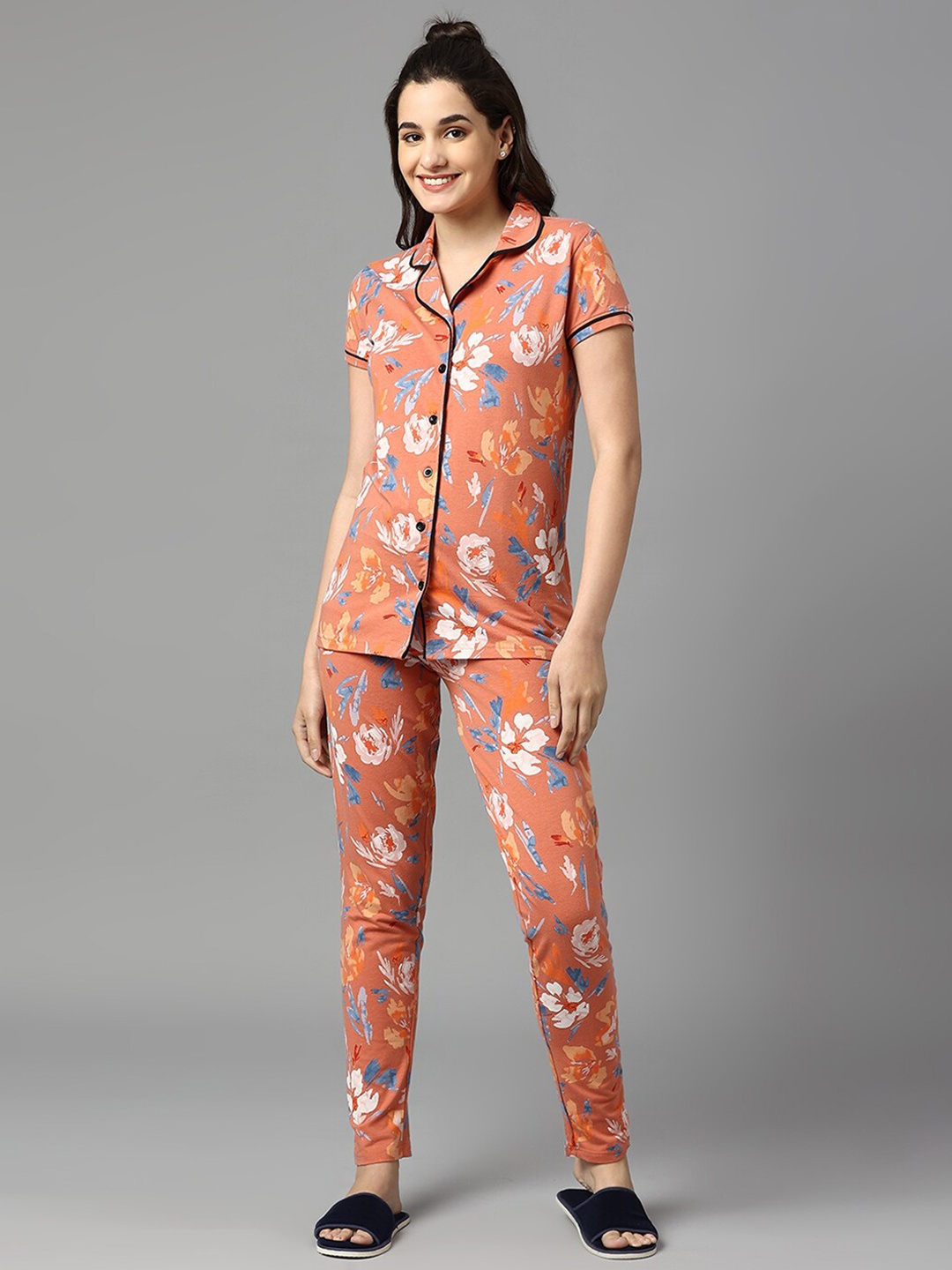 

Manaca Floral Printed Lapel Collar Pure Cotton Shirt With Trousers, Orange