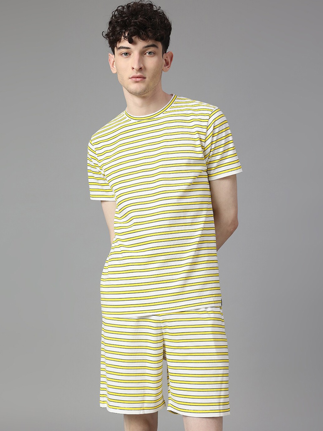 

Manaca Striped Lapel Collar Pure Cotton T-shirt With Short, Yellow