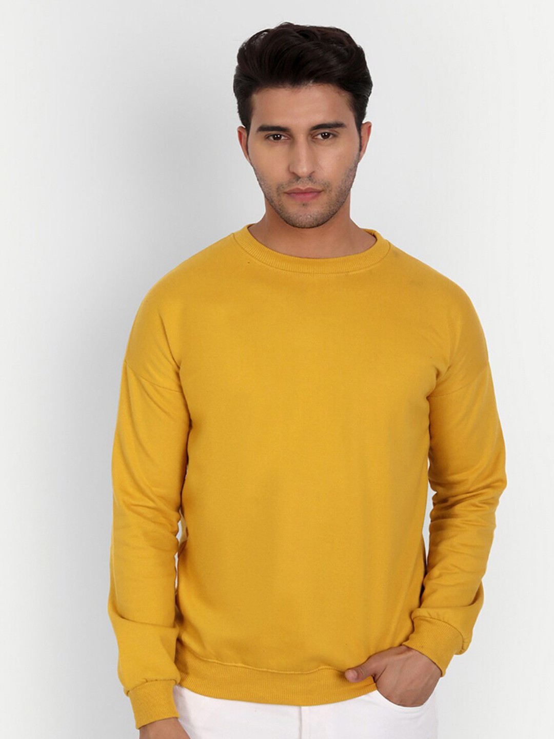 

COLOR CAPITAL Round Neck Drop Shoulder Long Sleeves Fleece Pullover, Mustard