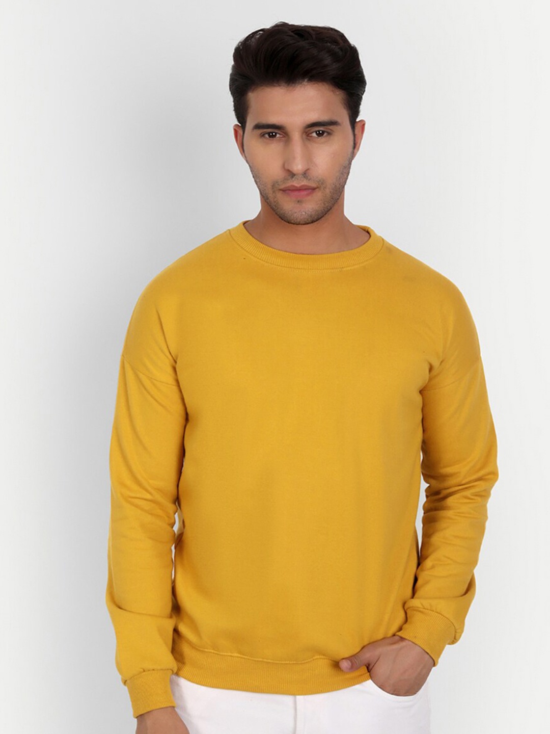 

COLOR CAPITAL Round Neck Drop Shoulder Long Sleeves Fleece Pullover, Mustard