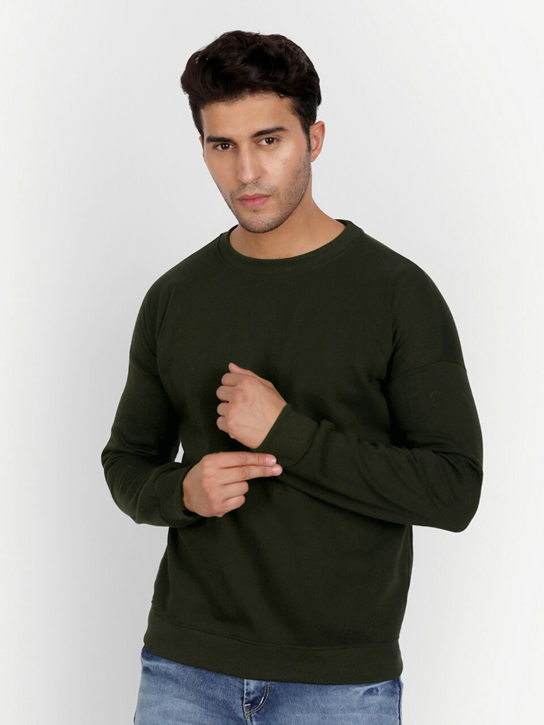 

COLOR CAPITAL Round Neck Drop Shoulder Long Sleeves Fleece Pullover, Olive