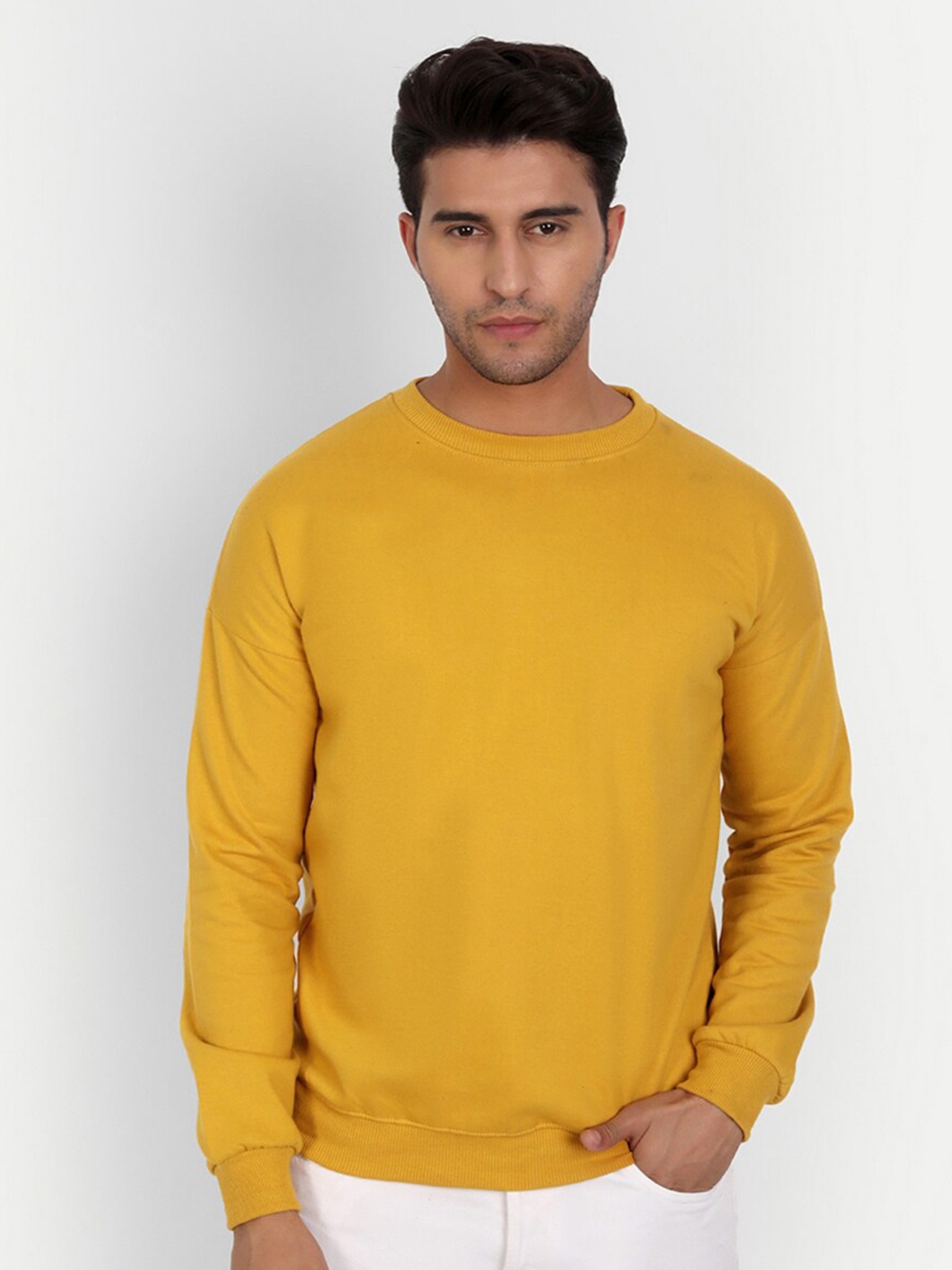 

COLOR CAPITAL Round Neck Long Sleeves Fleece Pullover, Mustard