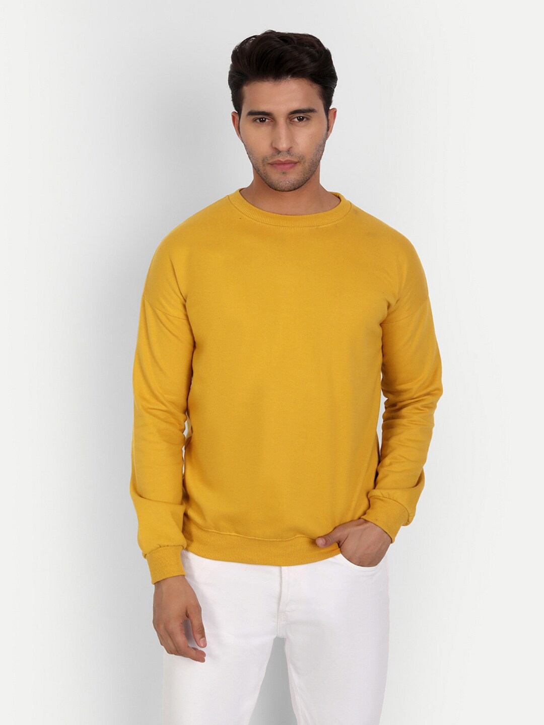

COLOR CAPITAL Round Neck Drop Shoulder Long Sleeves Fleece Pullover, Mustard