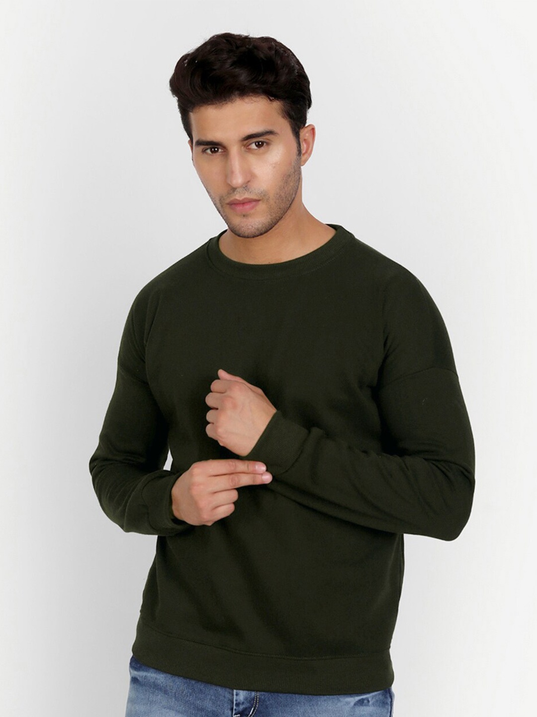 

COLOR CAPITAL Round Neck Drop Shoulder Sleeves Sweatshirt, Olive