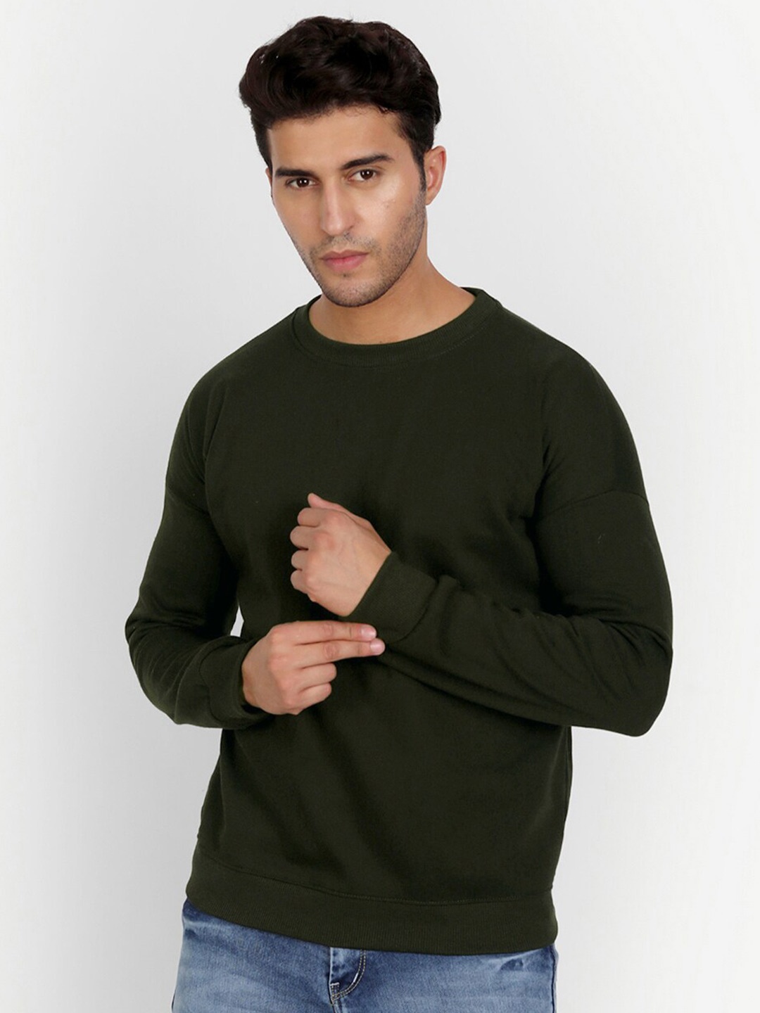 

COLOR CAPITAL Round Neck Drop Shoulder Long Sleeves Fleece Pullover, Olive