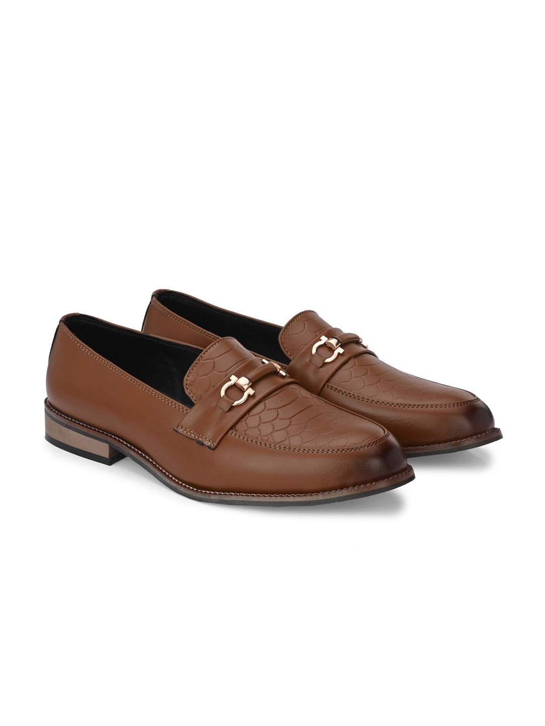

ATTITUDIST Men Textured Embellished Lightweight Horsebit Loafers, Tan