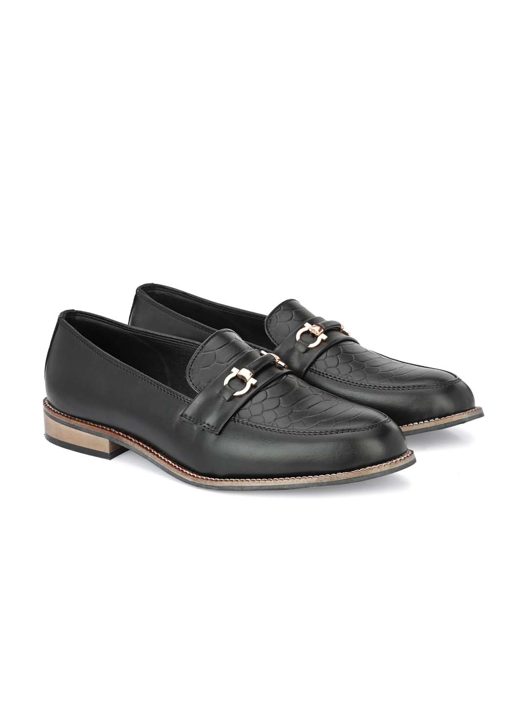 

ATTITUDIST Men Textured Embellished Lightweight Horsebit Loafers, Black