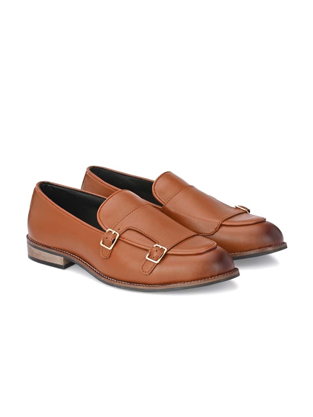 

ATTITUDIST Men Lightweight Double Strap Monks With Buckle Detail, Tan