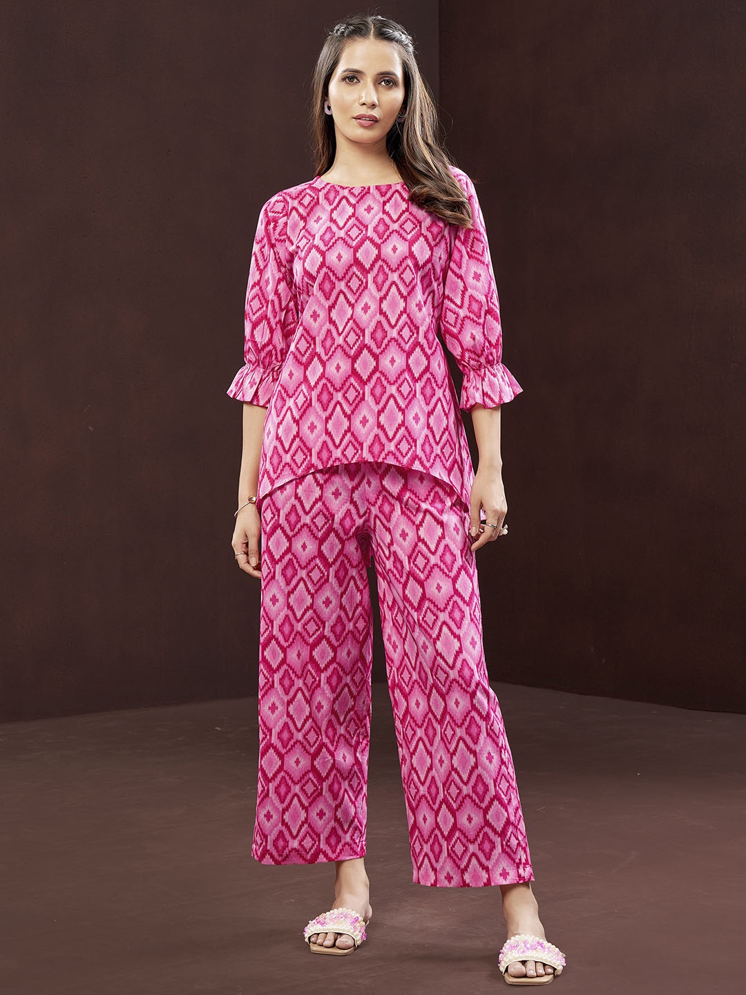 

DRESOUL Women Printed Pure Cotton Top With Palazzos, Pink