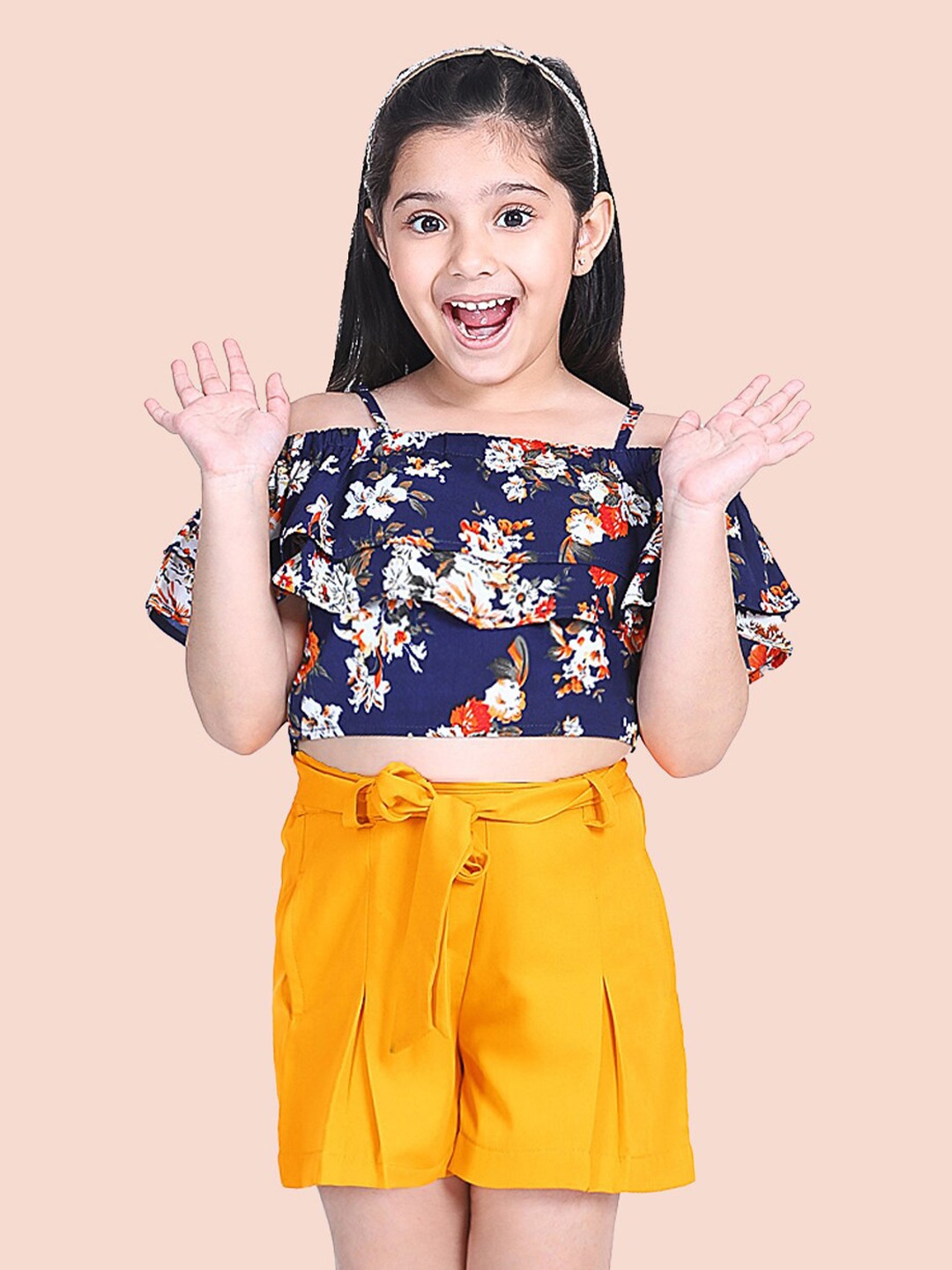 

Naughty Ninos Girls Floral Printed Off-Shoulder Top with Shorts, Navy blue