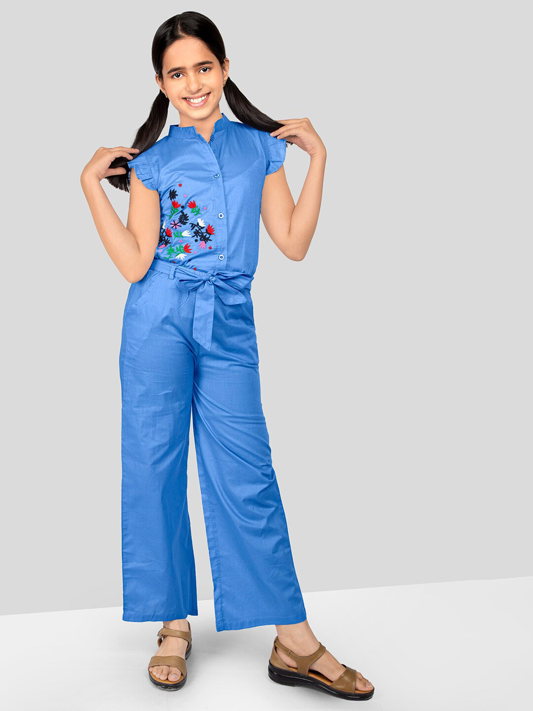 

Naughty Ninos Girls Floral Embroidered Pure Cotton Top with Palazzos, Blue