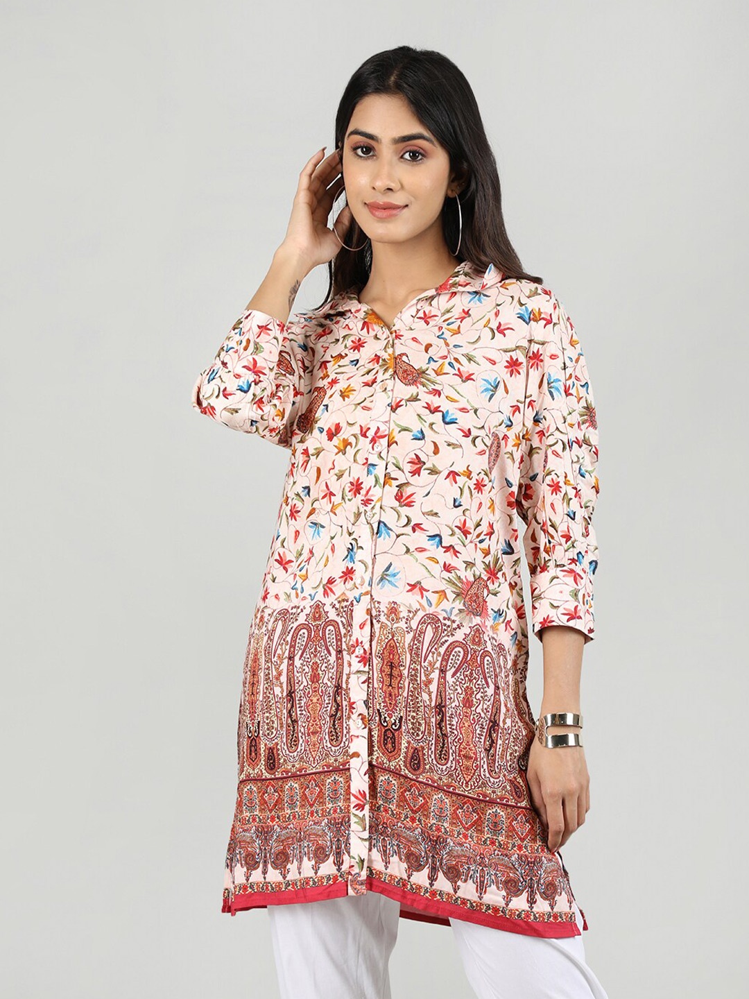 

Dlanxa Floral Printed Shirt Collar Kurti, Off white