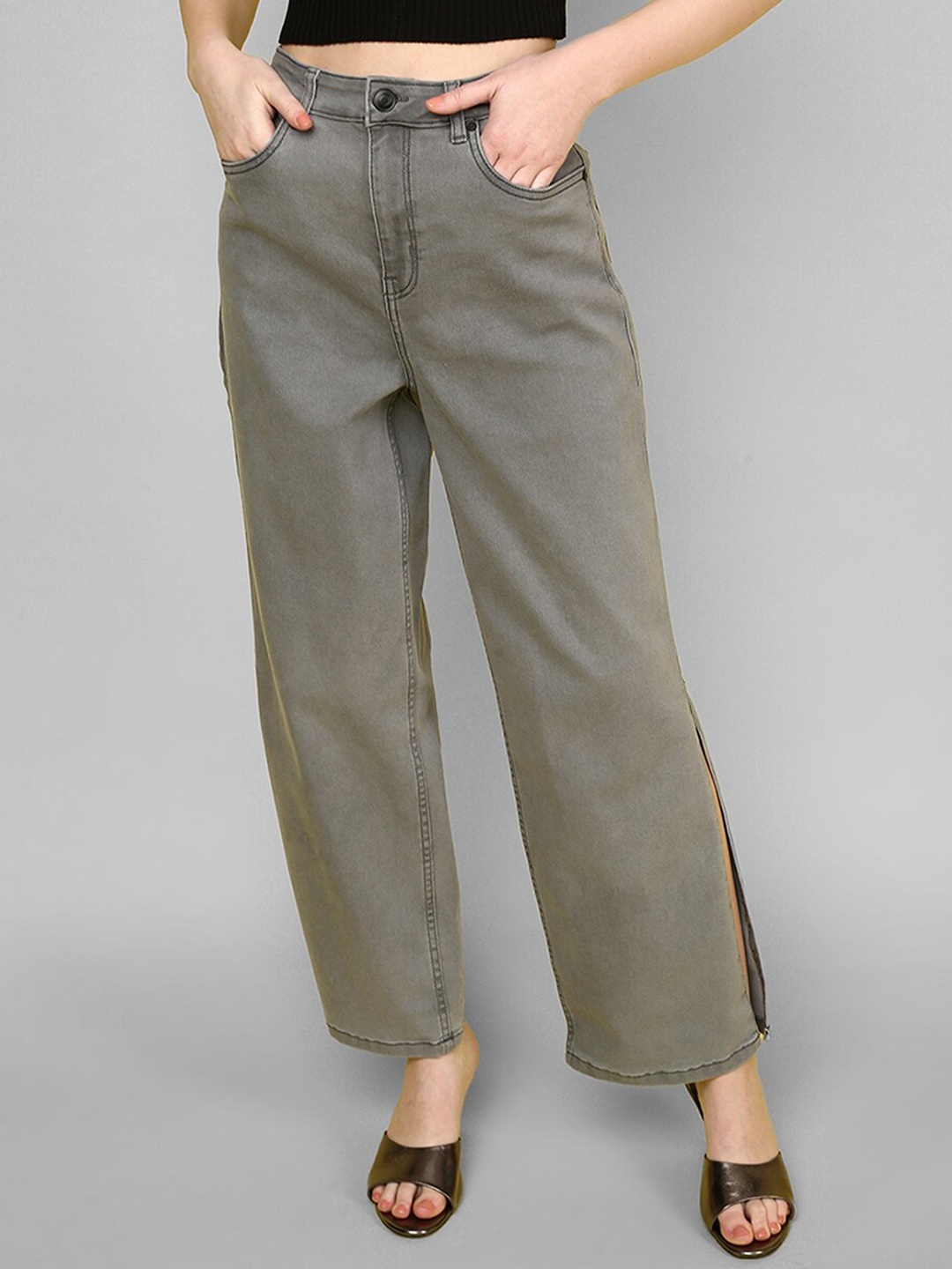 

JUNEBERRY Women Original Wide Leg High-Rise Stretchable Jeans, Grey