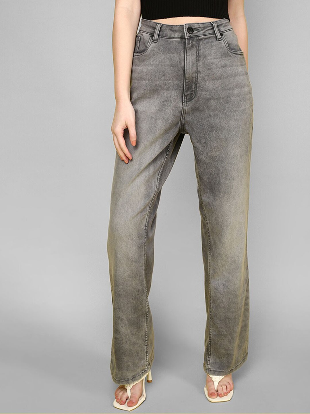 

JUNEBERRY Women Original Wide Leg High-Rise Heavy Fade Stretchable Jeans, Grey