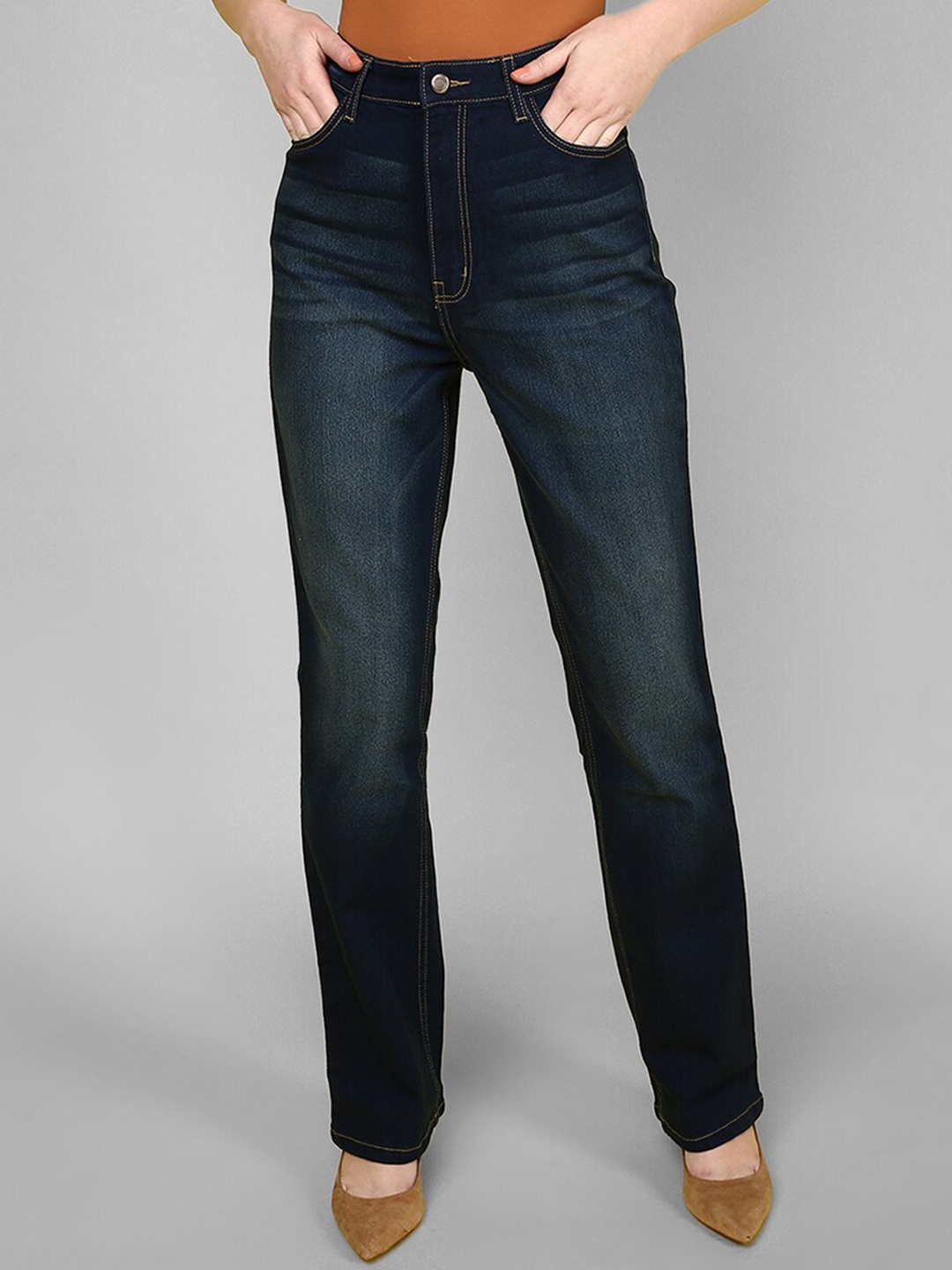 

JUNEBERRY Women Blue Original Wide Leg High-Rise Heavy Fade Stretchable Jeans