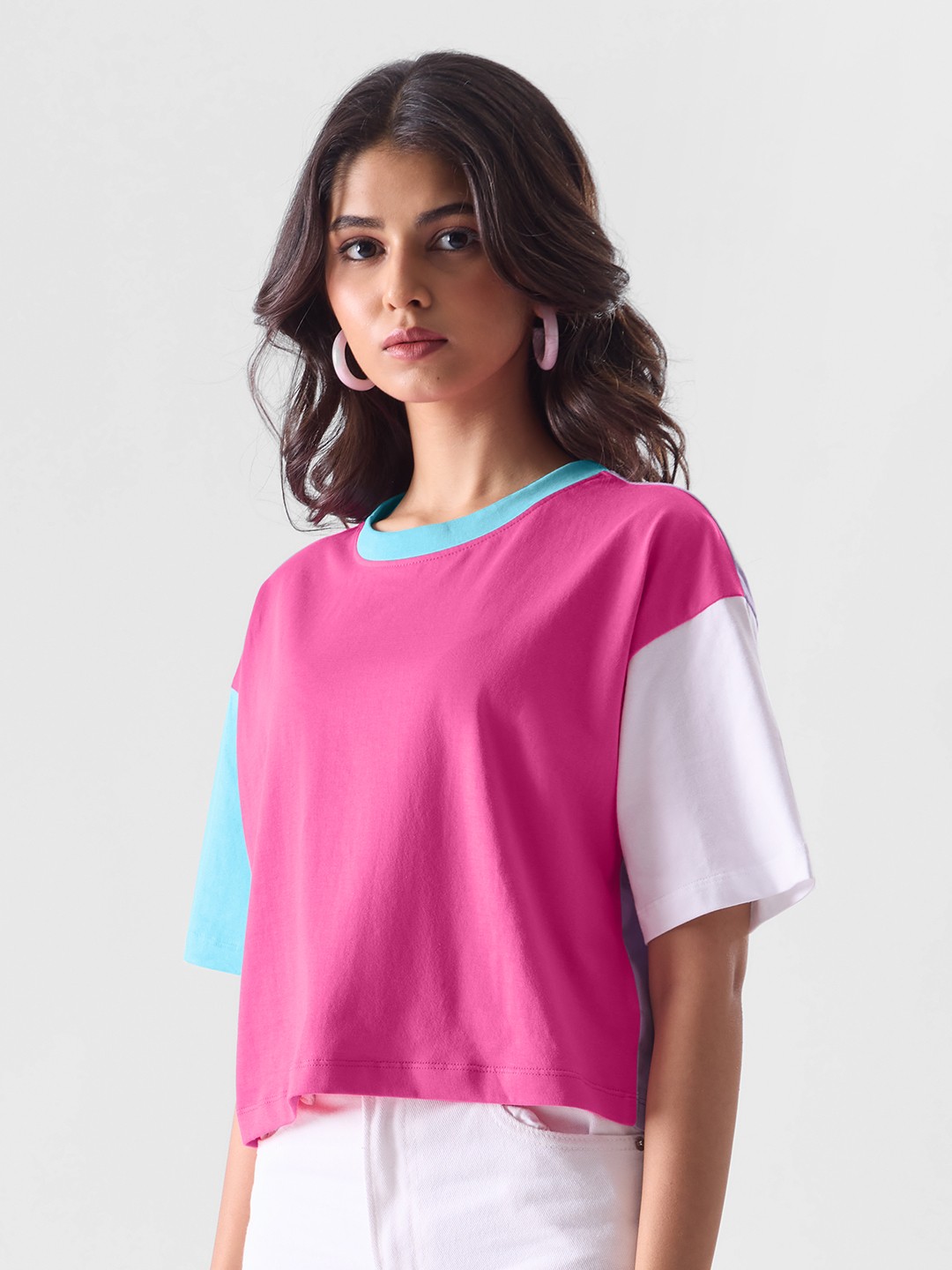 

The Souled Store Colourblocked Cotton Cropped Oversized Fit Casual T-Shirt, Pink