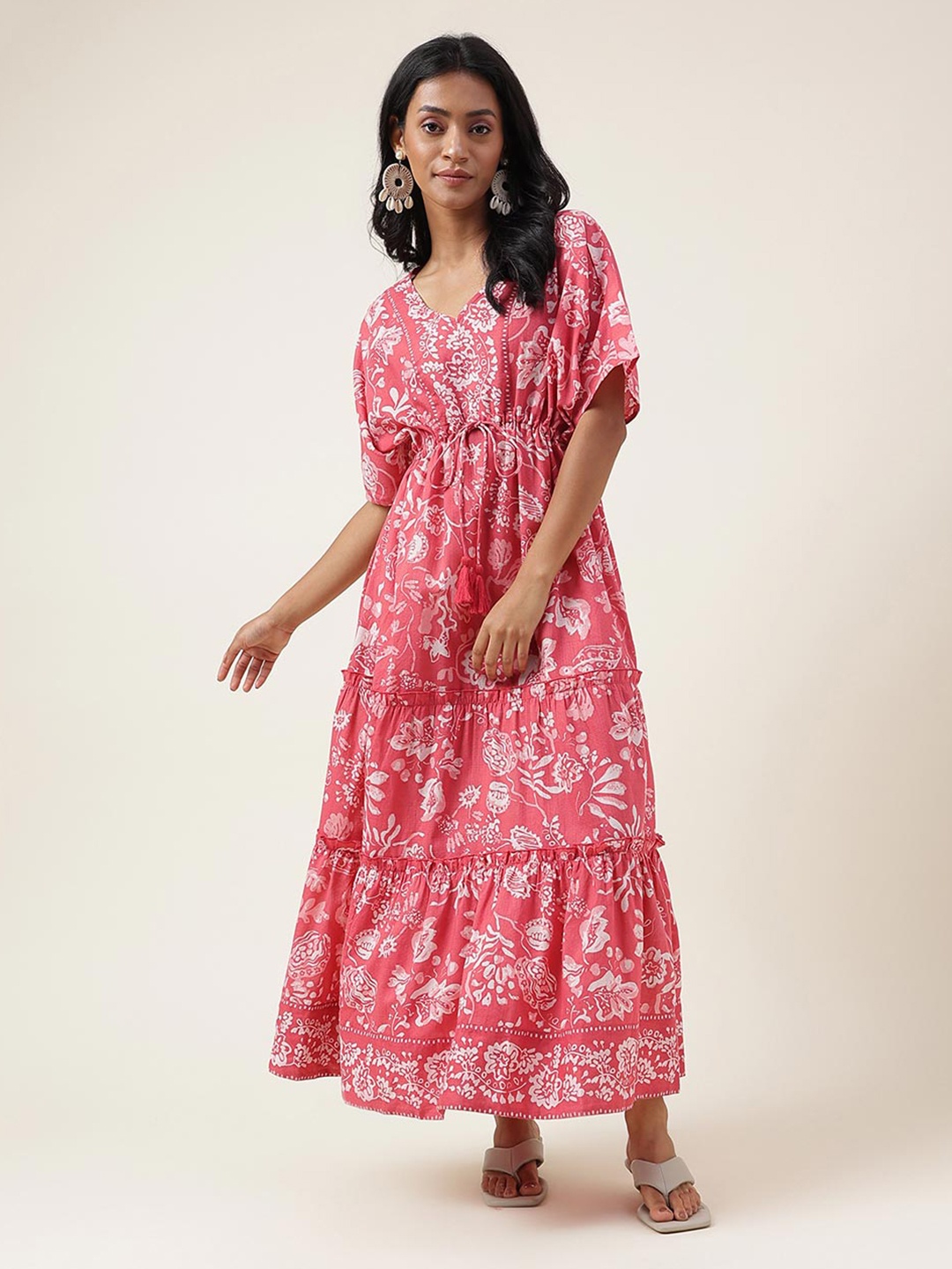 

Fabindia Floral Printed V-Neck Tiered Cotton Maxi Dress, Pink