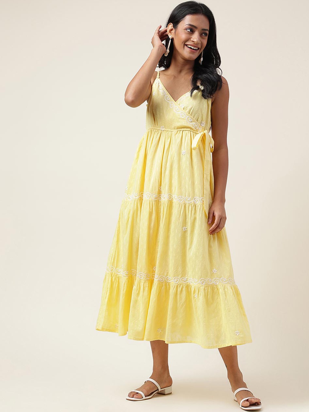 

Fabindia Floral Embroidered Shoulder Straps Tiered Cotton Empire Dress, Yellow
