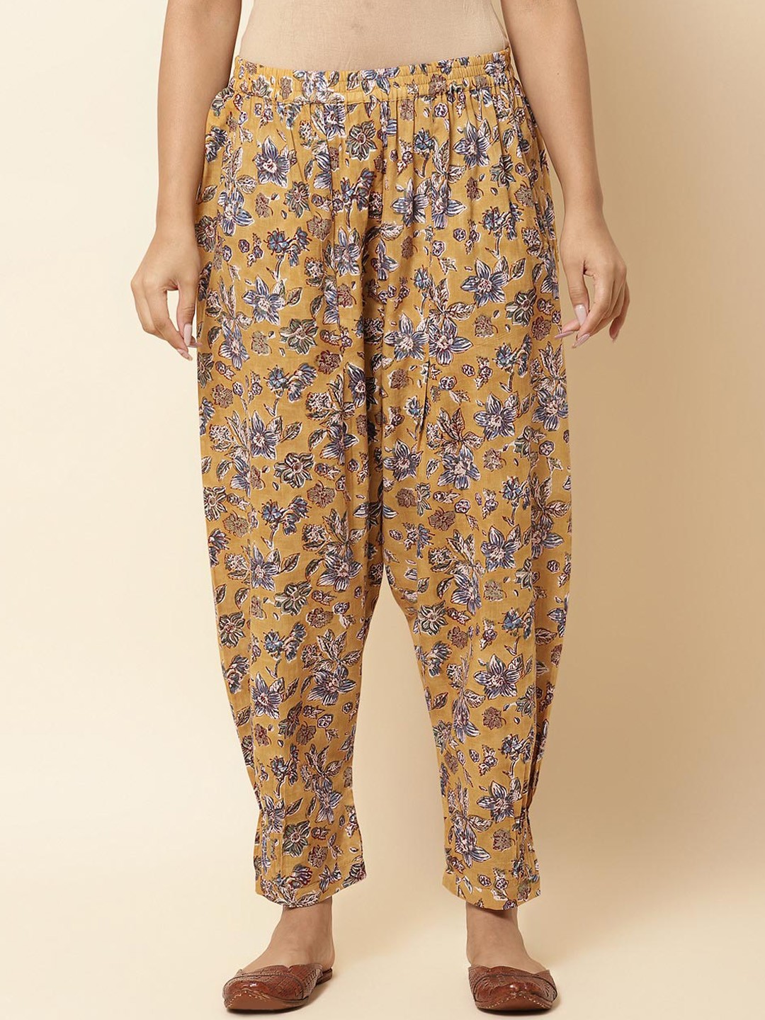 

Fabindia Women Floral Printed Pure Cotton Straight-Fit Salwar With Gathers And Pleats, Mustard