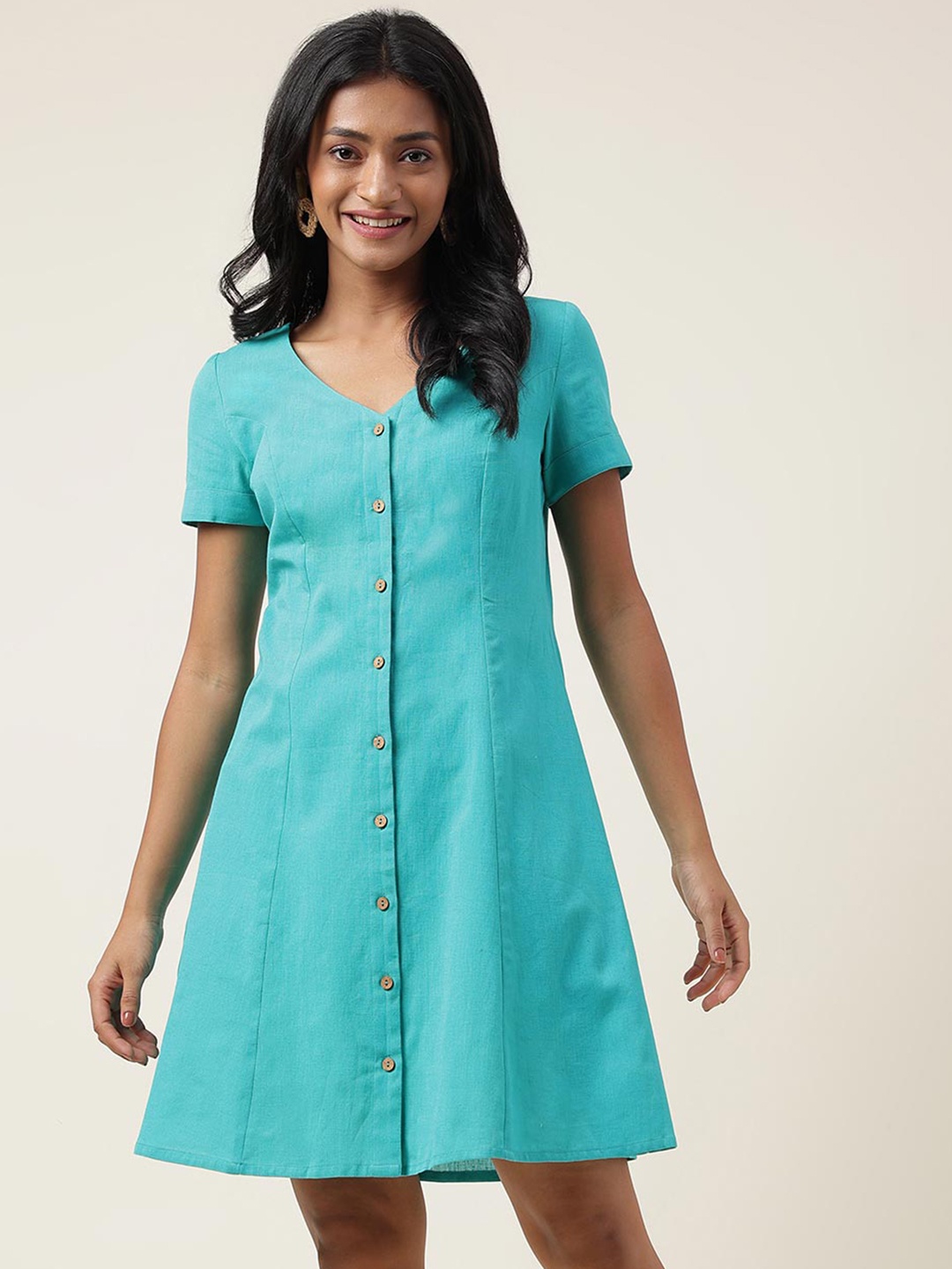 

Fabindia V-Neck Cotton A-Line Dress, Teal