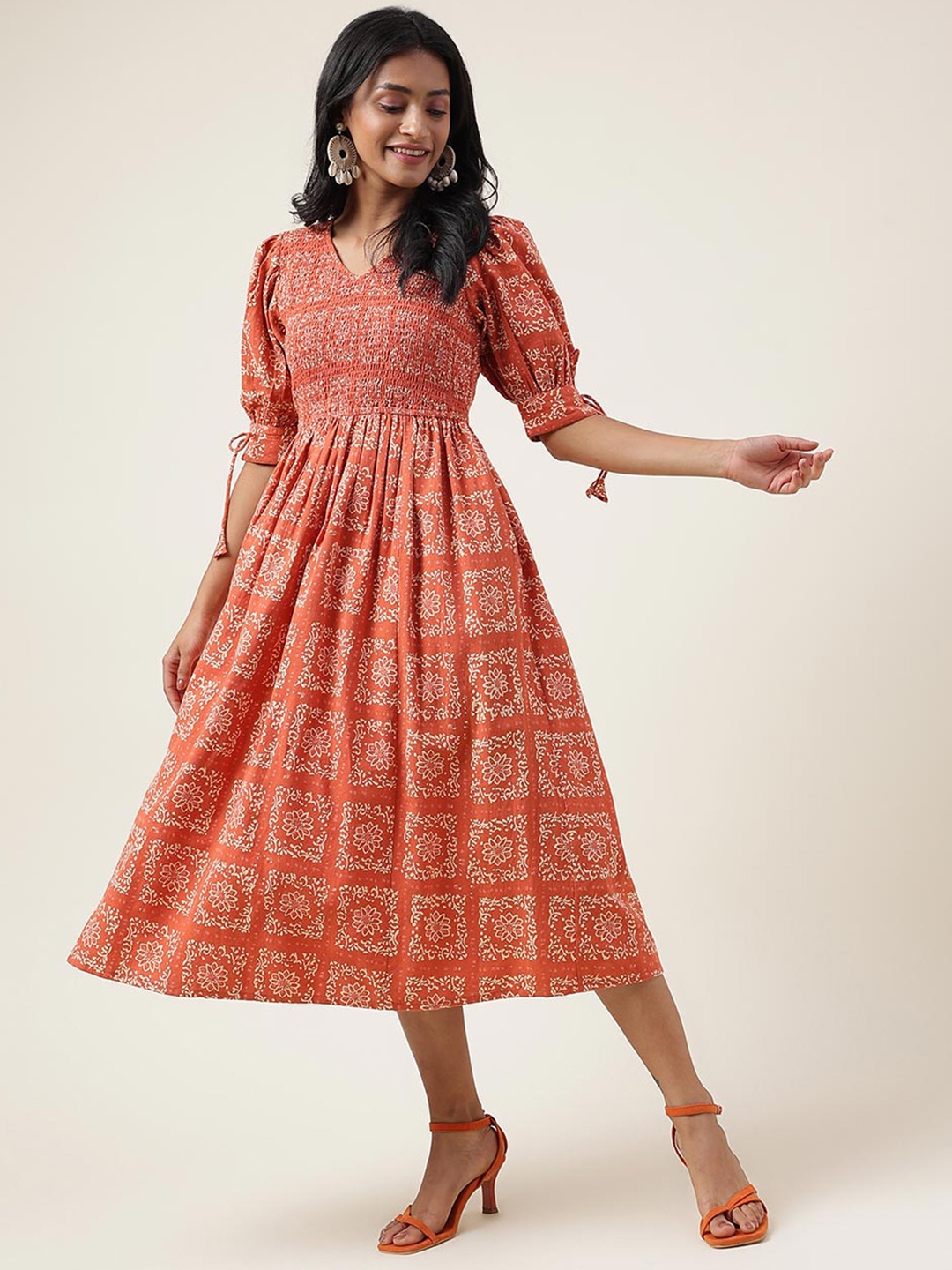 

Fabindia Ethnic Motifs Printed V-Neck Puff Sleeves Smocked Cotton Fit & Flare Midi Dress, Orange