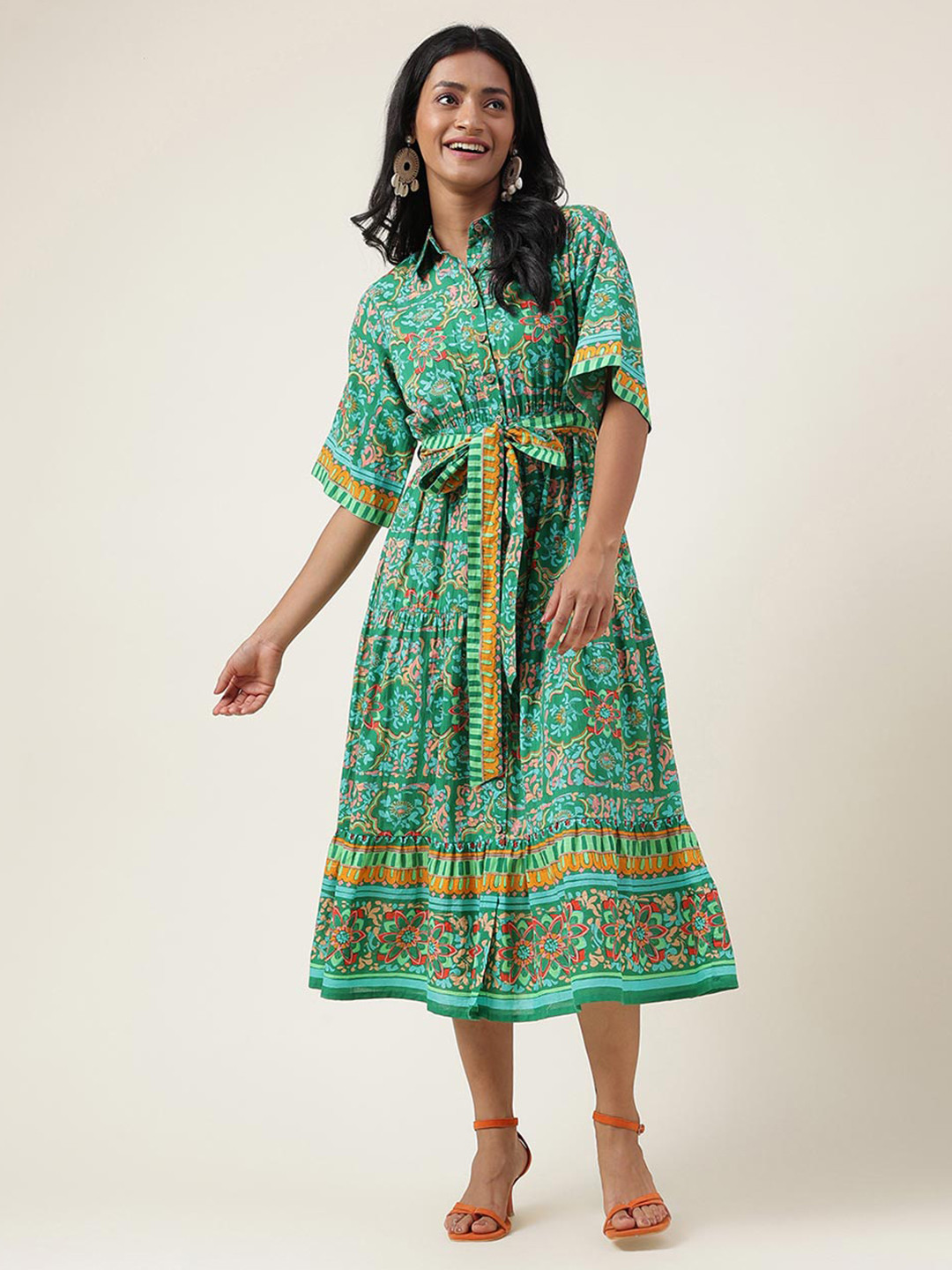 

Fabindia Ethnic Motifs Printed Shirt Collar Tiered Cotton A-Line Midi Dress, Green