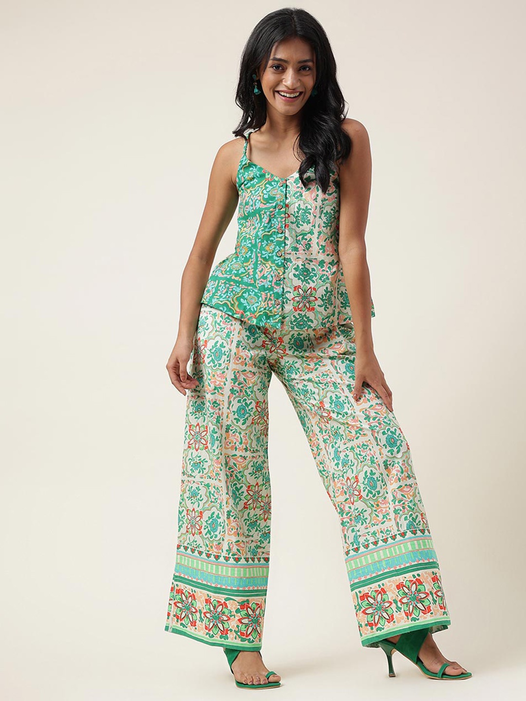 

Fabindia Ethnic Motifs Printed Shoulder Straps Cotton Linen A-Line Top, Green