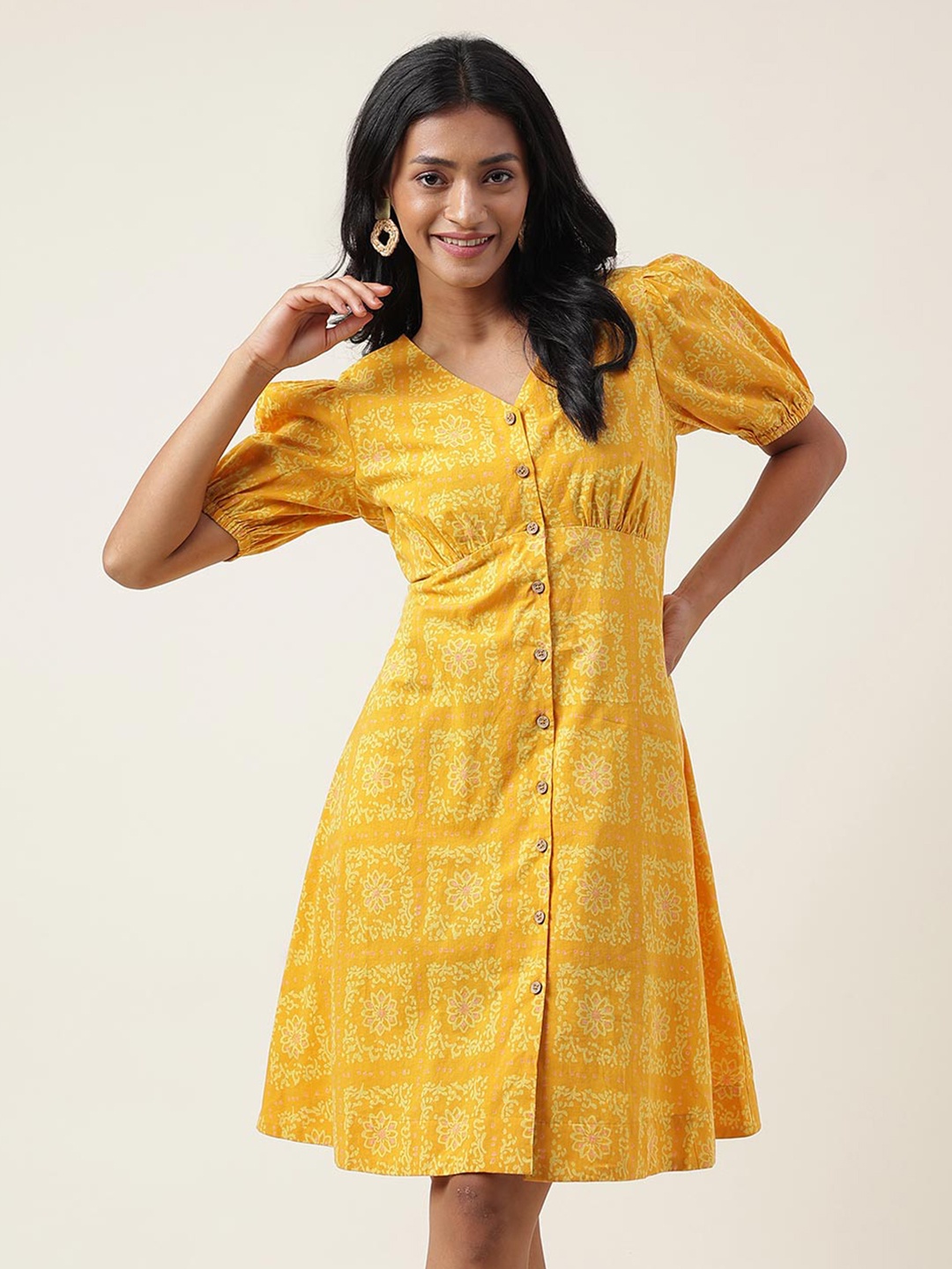

Fabindia Ethnic Motifs Printed V-Neck Puff Sleeves Cotton Empire Dress, Mustard