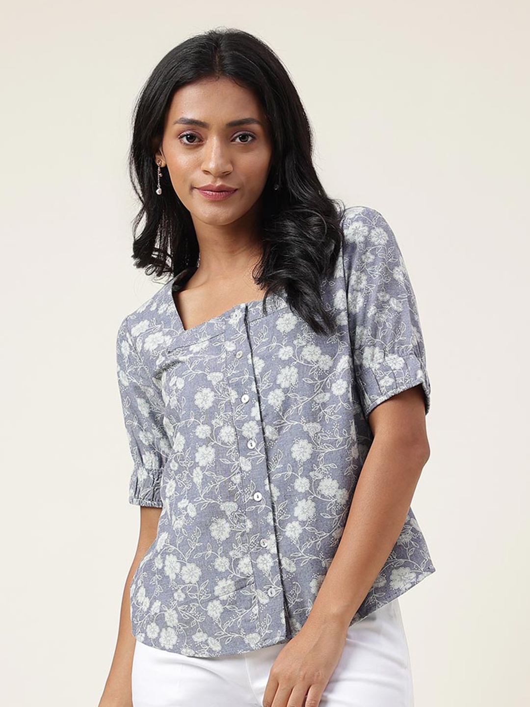 

Fabindia Floral Printed Square Neck Shirt Style Cotton Top, Blue