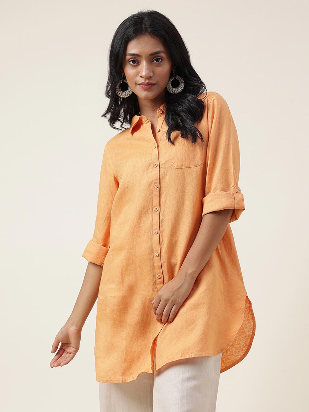 

Fabindia Linen Shirt Collar Tunic, Orange
