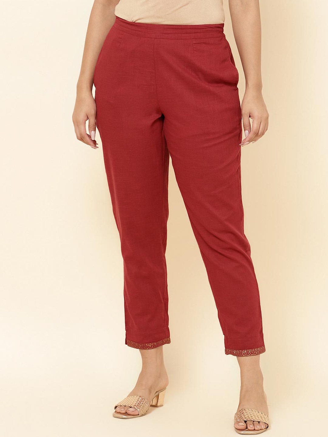 

Fabindia Women Cotton Cropped Cigarette Trousers, Red