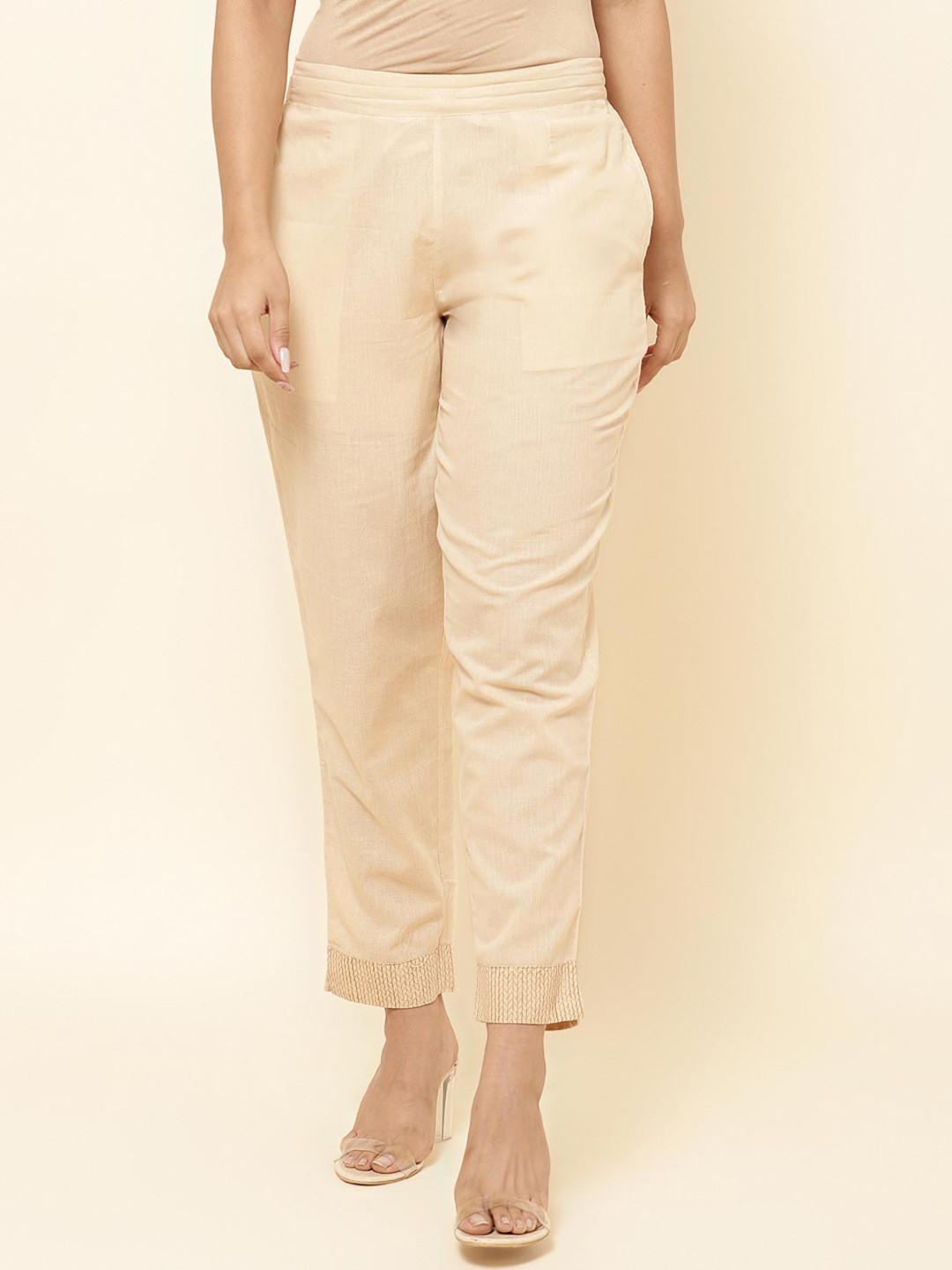 

Fabindia Women Mid Rise Cotton Trousers, Beige