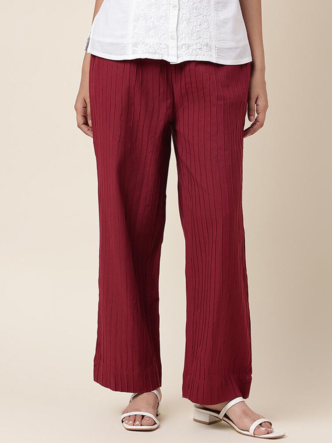 

Fabindia Women Cotton Plain Parallel Trousers, Maroon