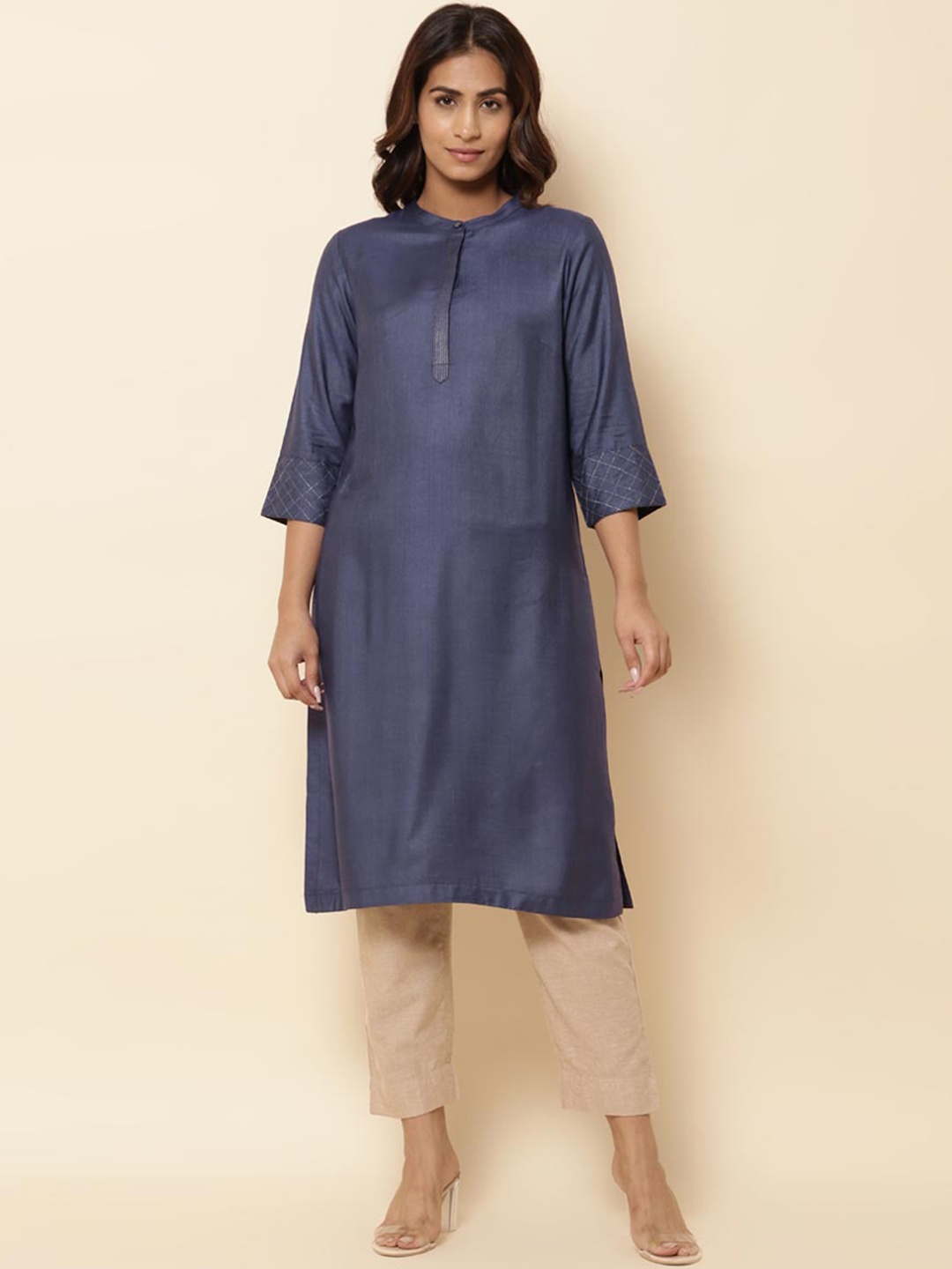 

Fabindia Thread Work Band Collar Straight Kurta, Blue