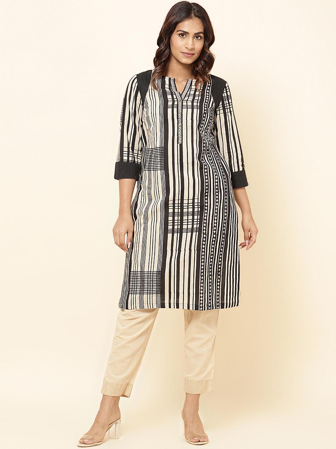 

Fabindia Striped Straight Cotton Kurta, Black