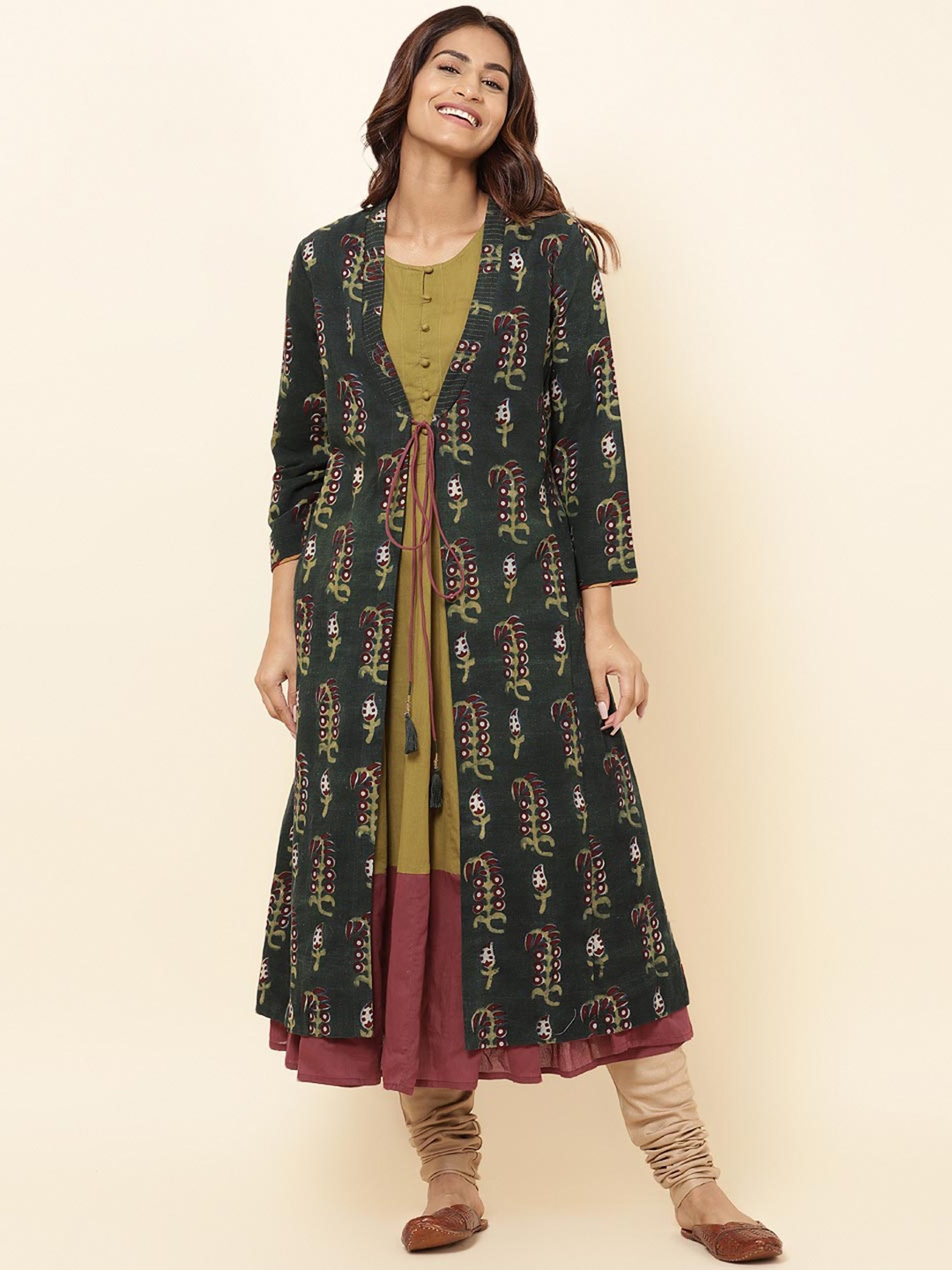 

Fabindia Colourblocked Round Neck Cotton Anarkali Kurta With Printed Shrug, Olive