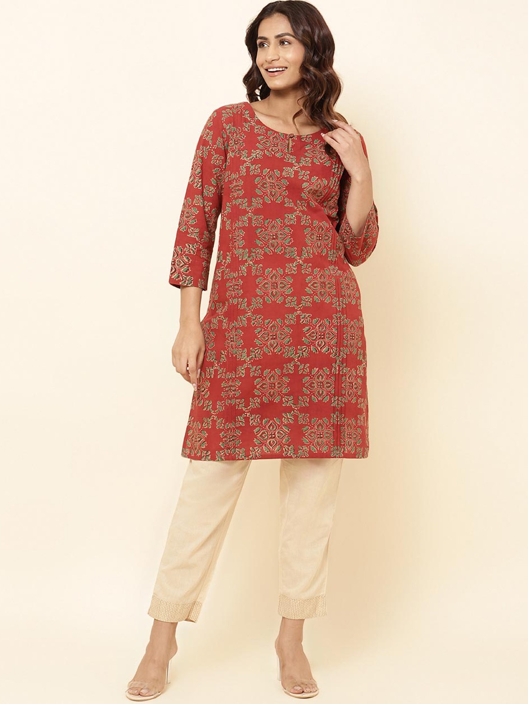 

Fabindia Ethnic Motifs Printed Pleated Straight Kurta, Red