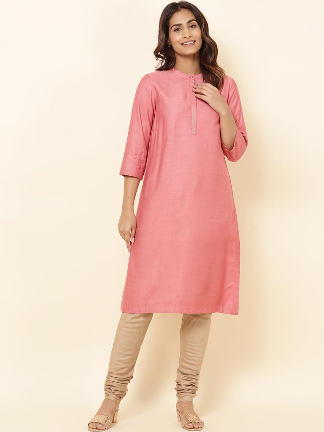 

Fabindia Band Collar Regular Sleeves Straight kurta, Pink