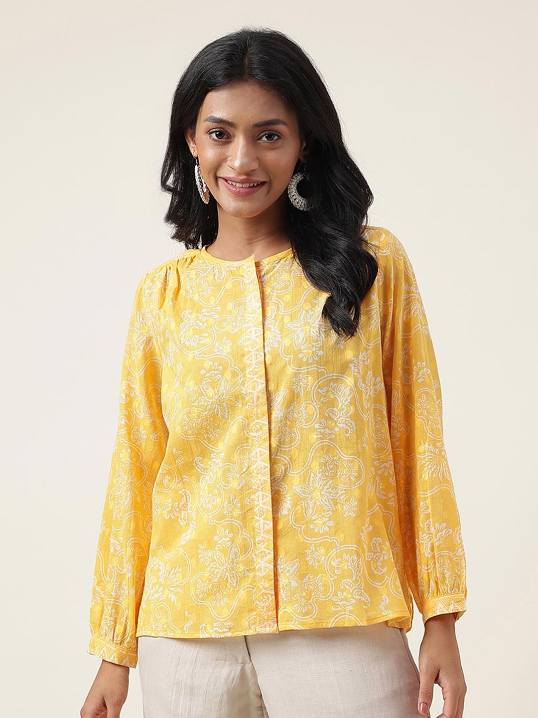 

Fabindia Floral Printed Cotton Shirt Style Top, Yellow