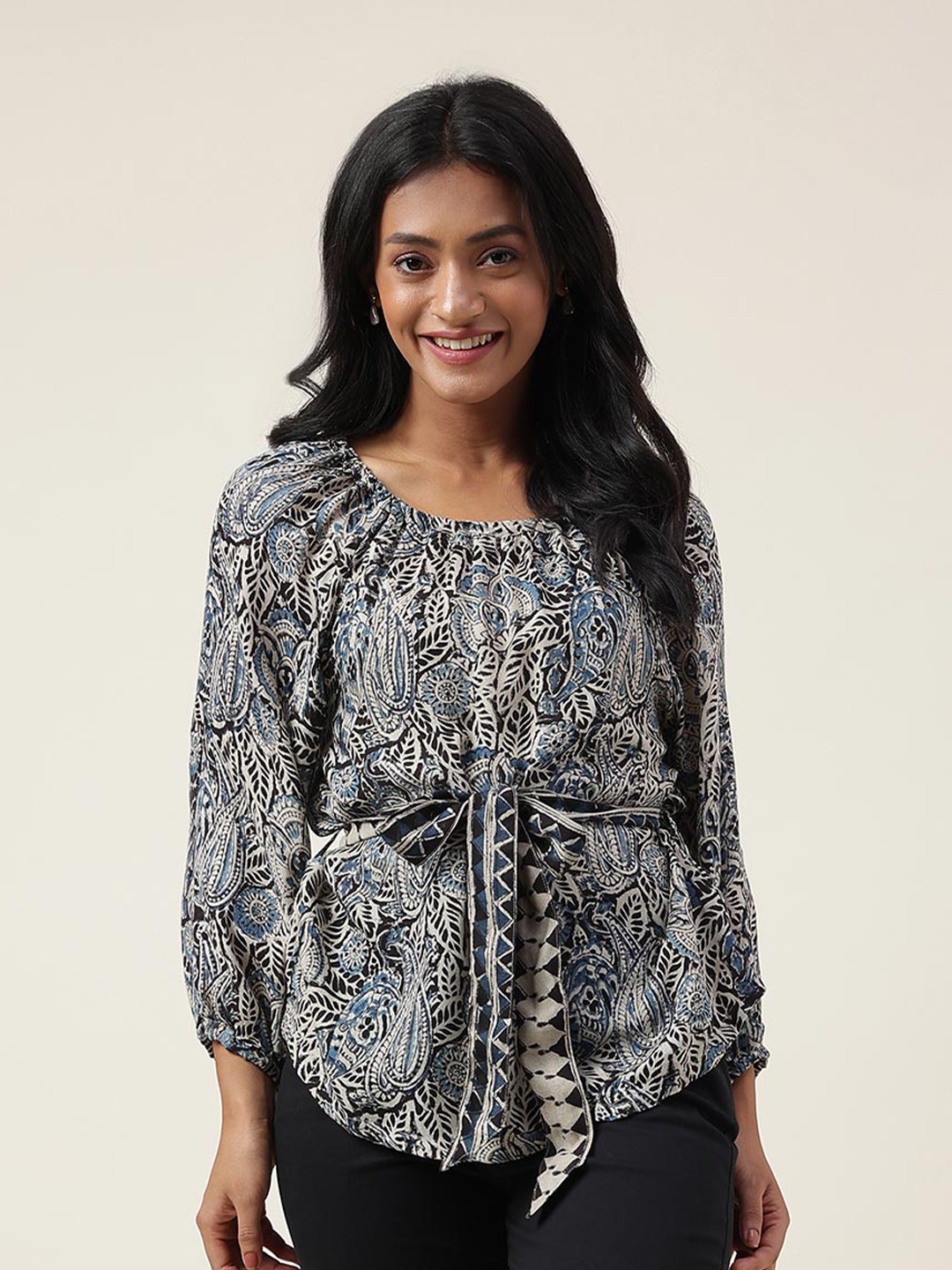

Fabindia Kalamkari Printed Cuffed Sleeves Top, Blue
