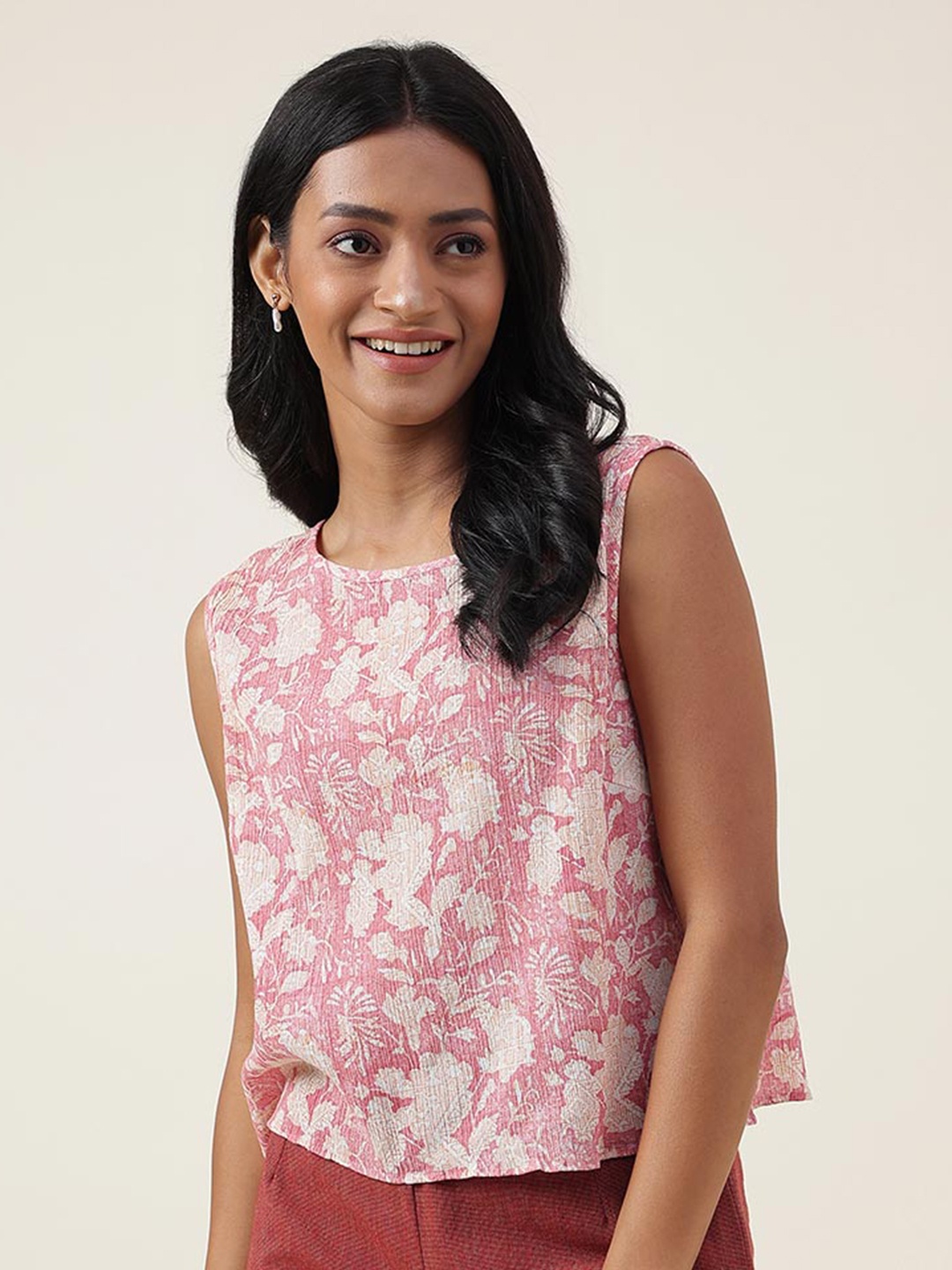 

Fabindia Ethnic Motifs Printed Sleeveless Cotton Top, Pink